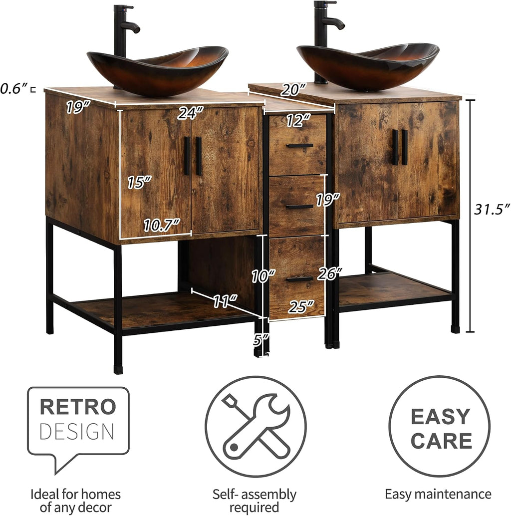 UEV Rustic Brown 60' Double Bathroom Vanity with Sink Combo,Industrial Iron Frame 2 Main Bathroom Vanity with Middle 3 Drawers Cabinet,Modern Brown Boat Tempered Glass Vessel Sink(029BR)