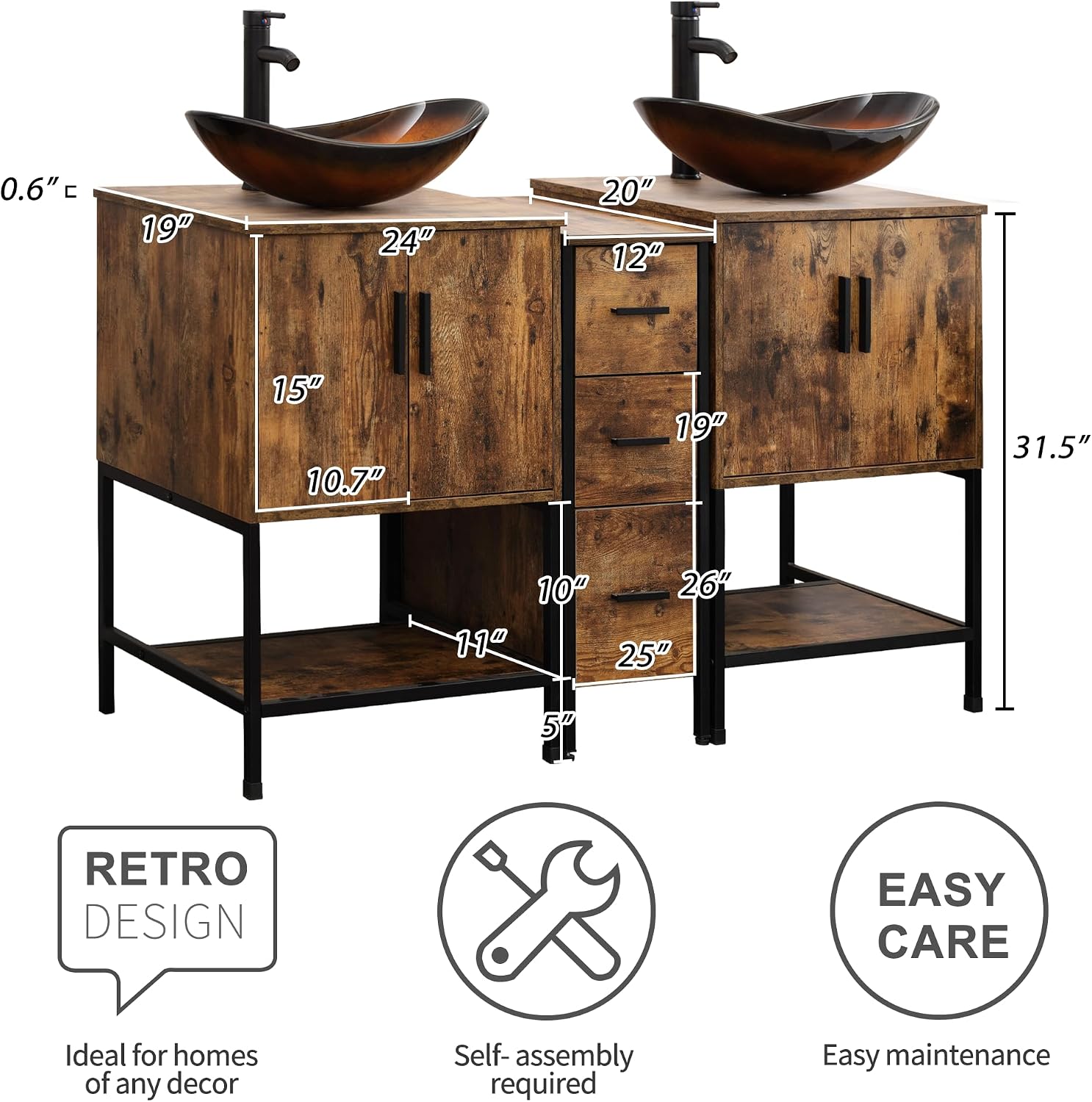 UEV Rustic Brown 60' Double Bathroom Vanity with Sink Combo,Industrial Iron Frame 2 Main Bathroom Vanity with Middle 3 Drawers Cabinet,Modern Brown Boat Tempered Glass Vessel Sink(029BR)