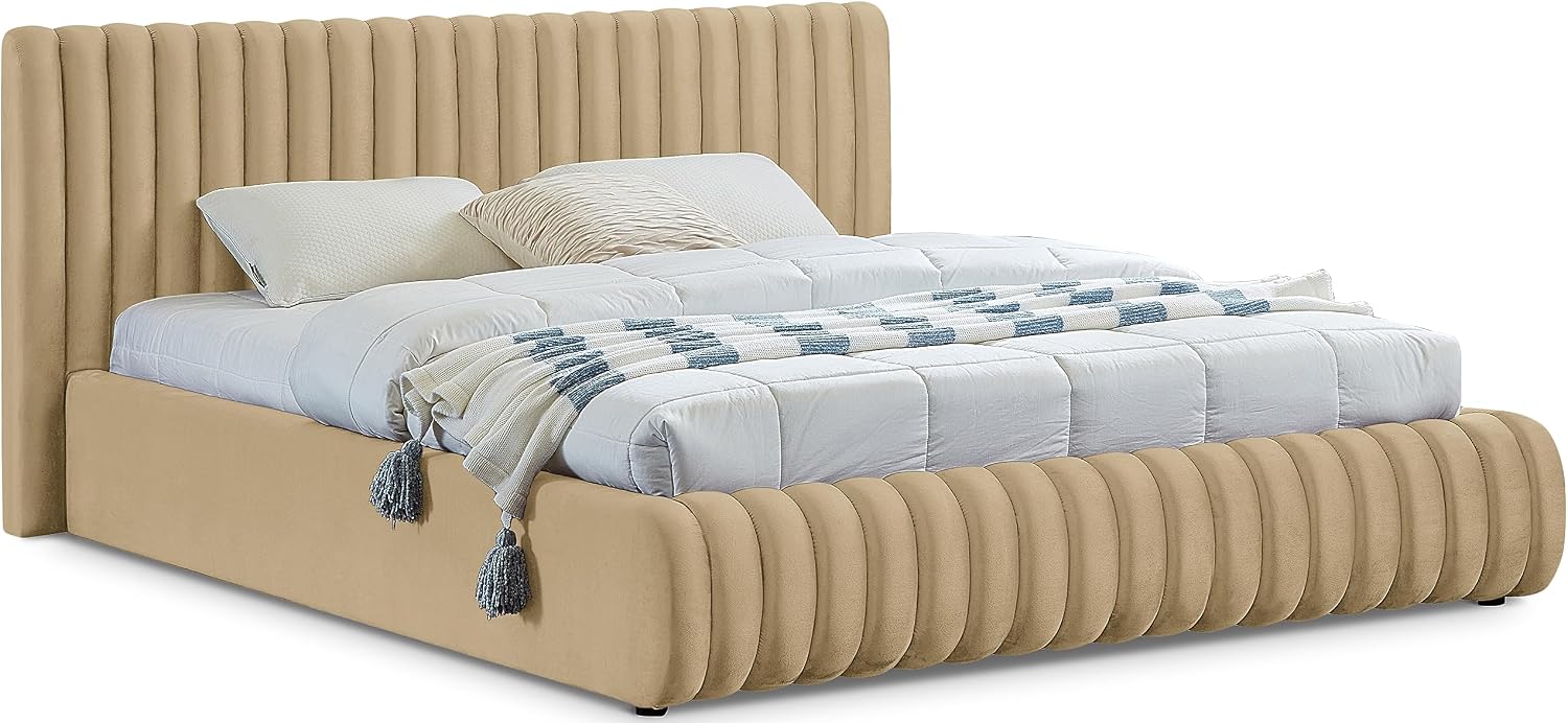 Meridian Furniture NicoCamel-K Nico Collection Modern | Contemporary Velvet Upholstered King Bed with Rich Camel Velvet and Deep Channel Tufting, 89' W x 91' D x 38' H, Camel, King