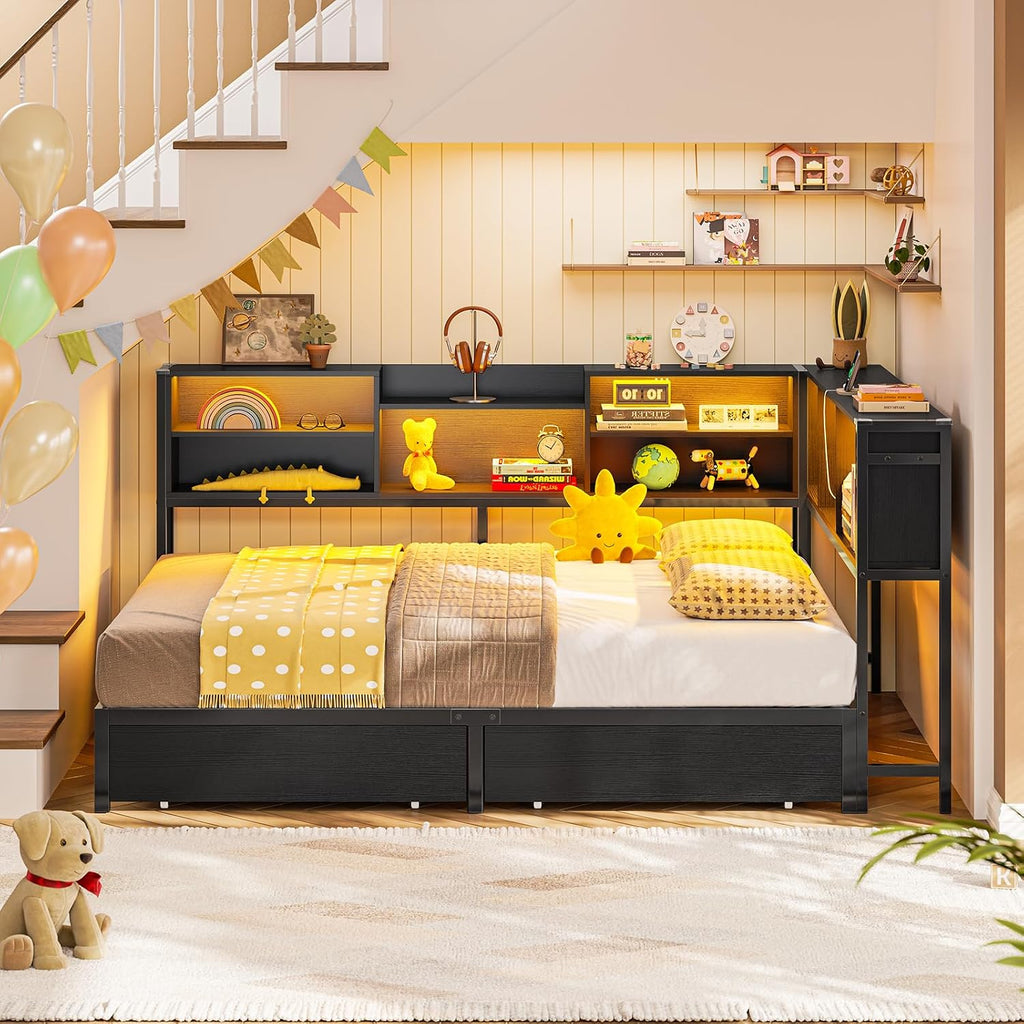 Hasuit Corner Bed Frame Full with 2 Drawers and Storage Bookcase, Daybed with Charging Station and LED Lights, Metal Platform Bed with Bookshleves, Full Size Bed Frame for Kids Teens Guests, Black