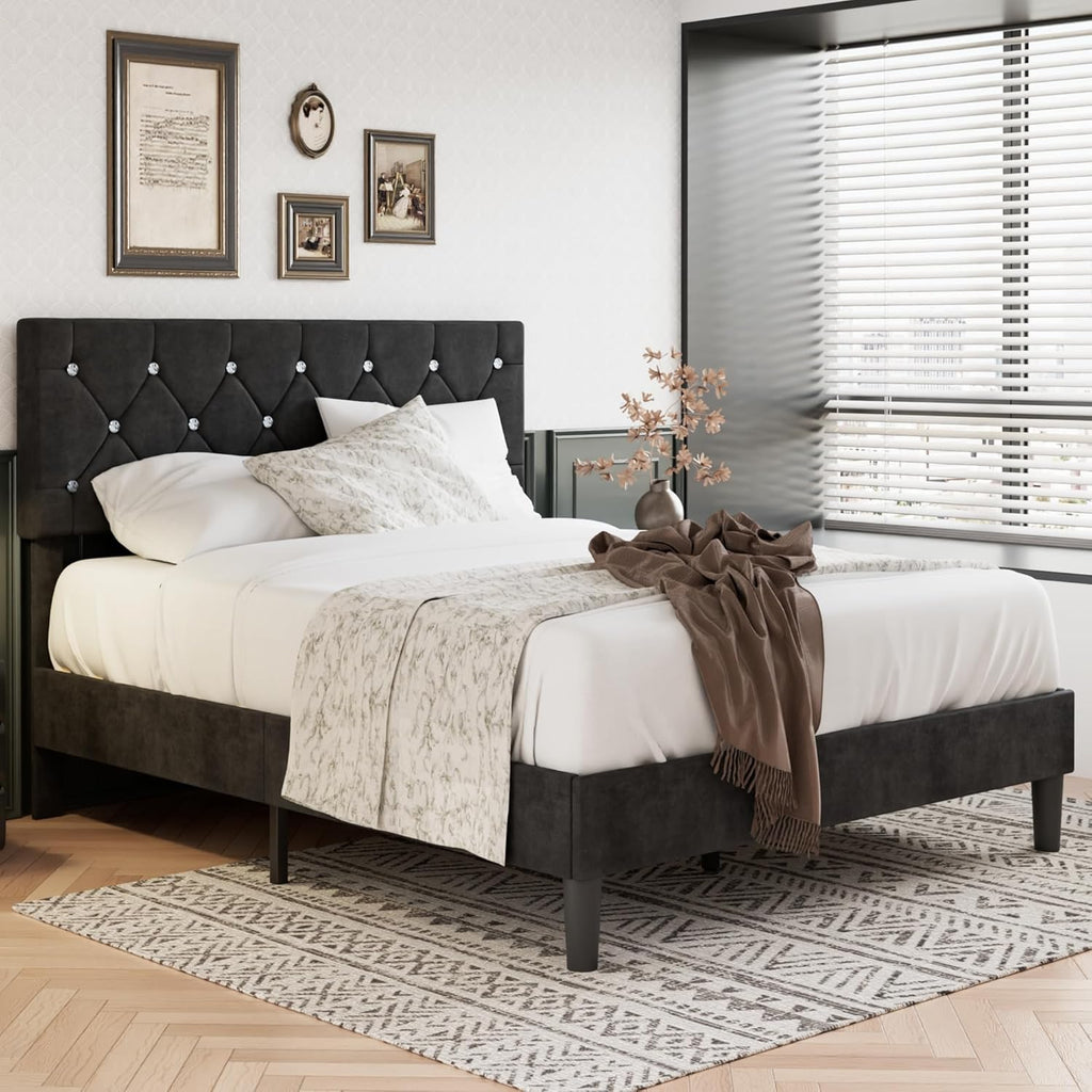 VECELO Queen Size Bed Frame, Upholstered Platform with Adjustable Diamond Tufted Headboard, Wood Slat Support, No Box Spring Needed, Velvet & Black