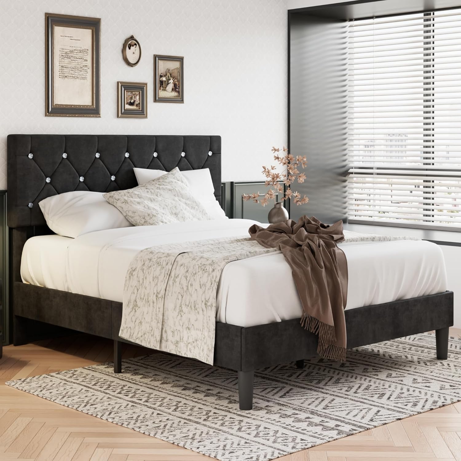 VECELO Queen Size Bed Frame, Upholstered Platform with Adjustable Diamond Tufted Headboard, Wood Slat Support, No Box Spring Needed, Velvet & Black