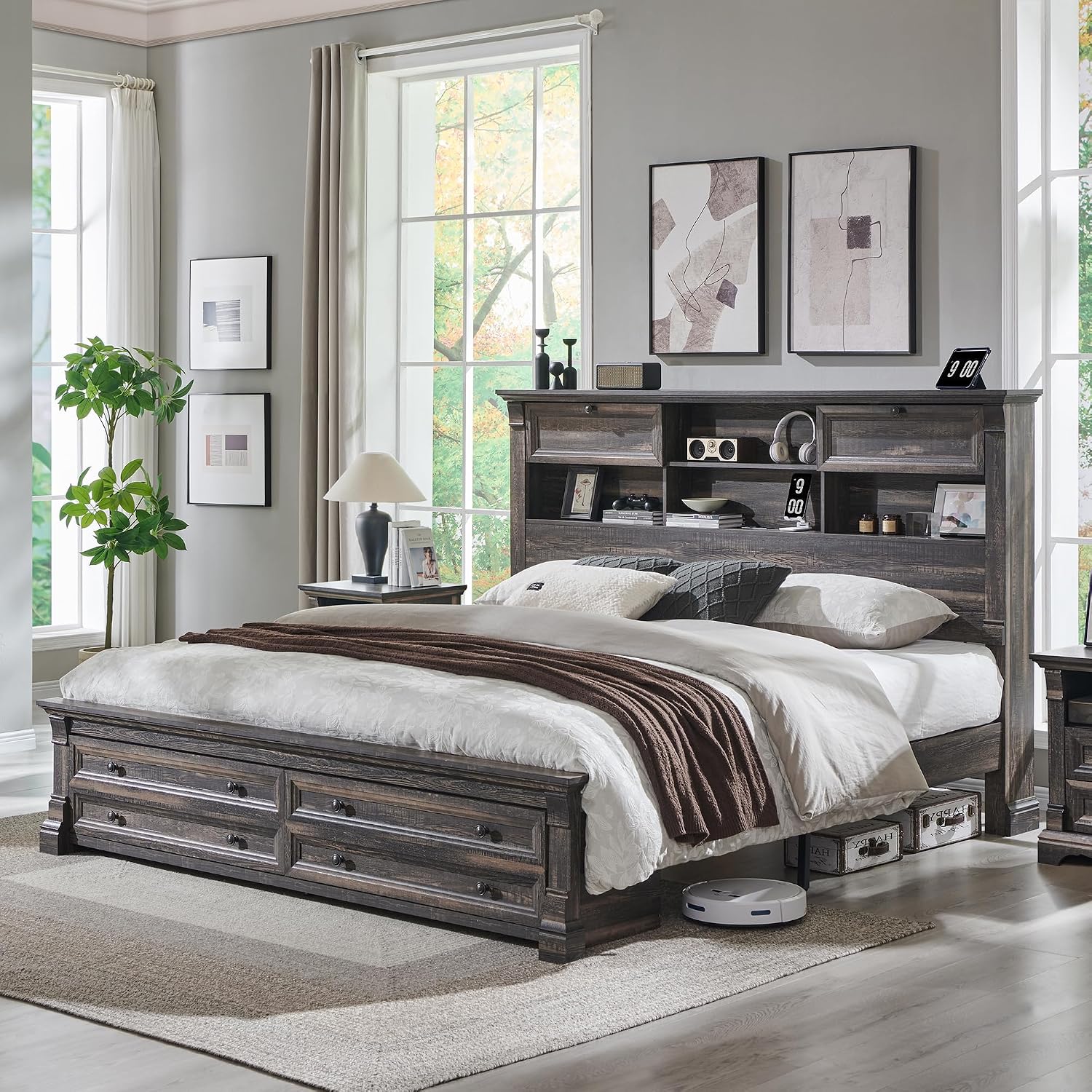 Farmhouse King Size Bed Frame with 54' Tall Storage Bookcase Headboard, Wood Platform Bed Frame with 18' Tall Roman Column Decoration Footboard & 2 Drawers, No Box Spring Needed(Dark Rustic Oak)