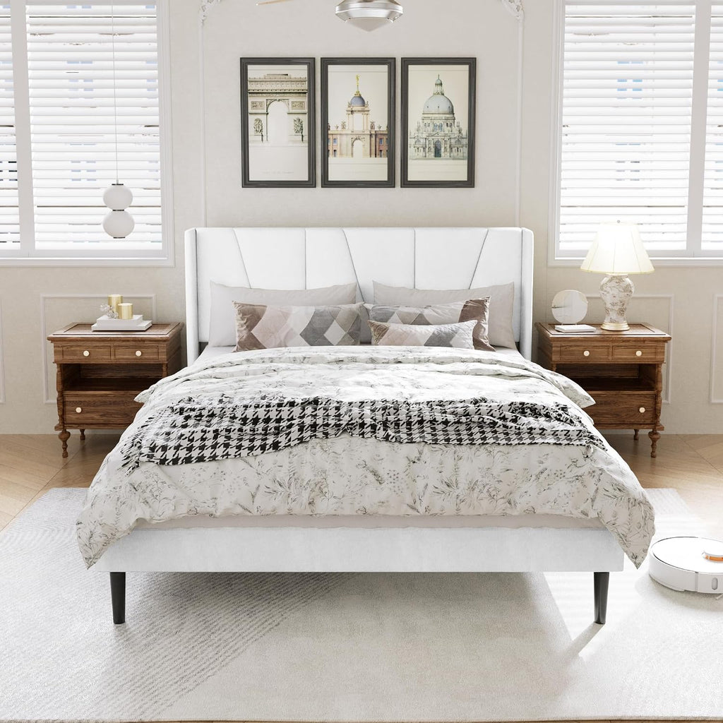 HAOARA Full Bed Frame with Headboard, Velvet Upholstered Platform Bed Frames with Wingboard, Contemporary Mattress Foundation, Noise Free, No Box Spring Needed, Easy Assembly, White
