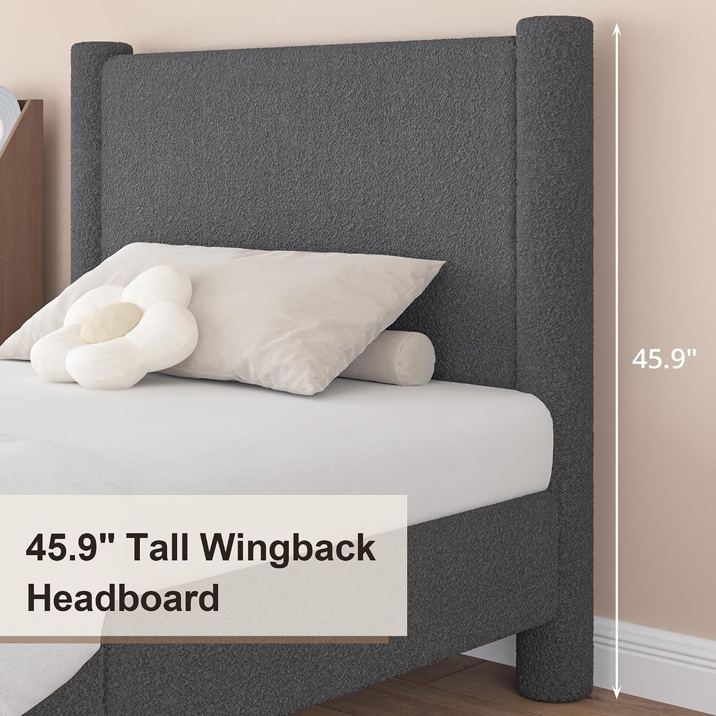 REVOMINCA Twin Size Bed Frame, Boucle Upholstered Platform Bed with Headboard and Footboard, Soft Rounded Corners, No Box Spring Required, Easy Assembly, Dark Grey