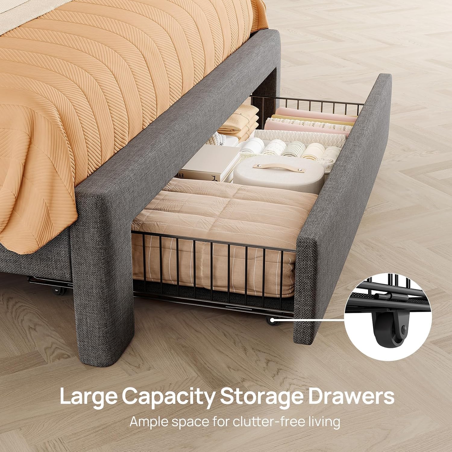 Rolanstar Twin Bed Frame with Drawer, Storage Headboard with Charging Station and LED Lights, Upholstered Bed with Heavy Duty Wood Slats, No Box Spring Needed, Noise Free, Easy Assembly, Dark Grey