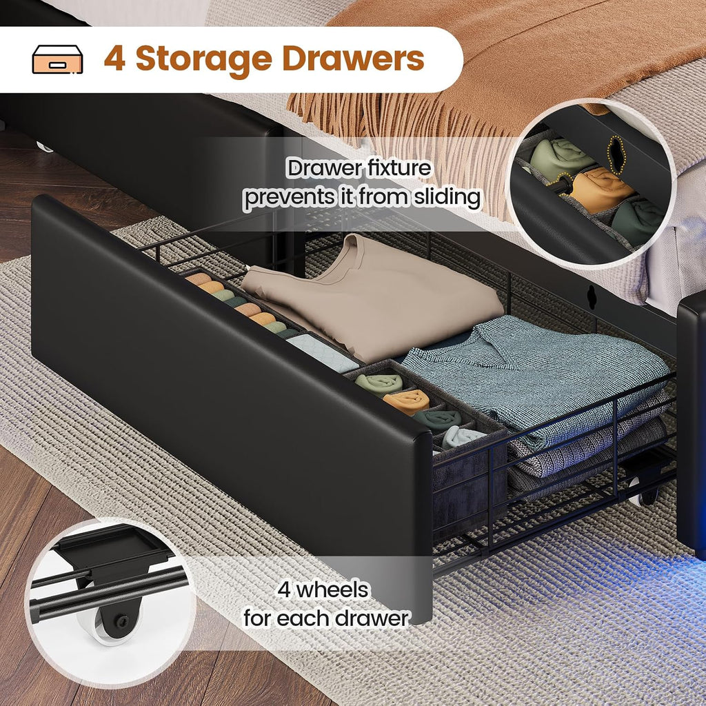 BTHFST Queen Bed Frame with 4 Drawers & Hidden Storage Headboard, LED Bed Frame Queen Size with Charging Station, Upholstered Bed with Metal Slats, No Box Spring Needed, Black PU