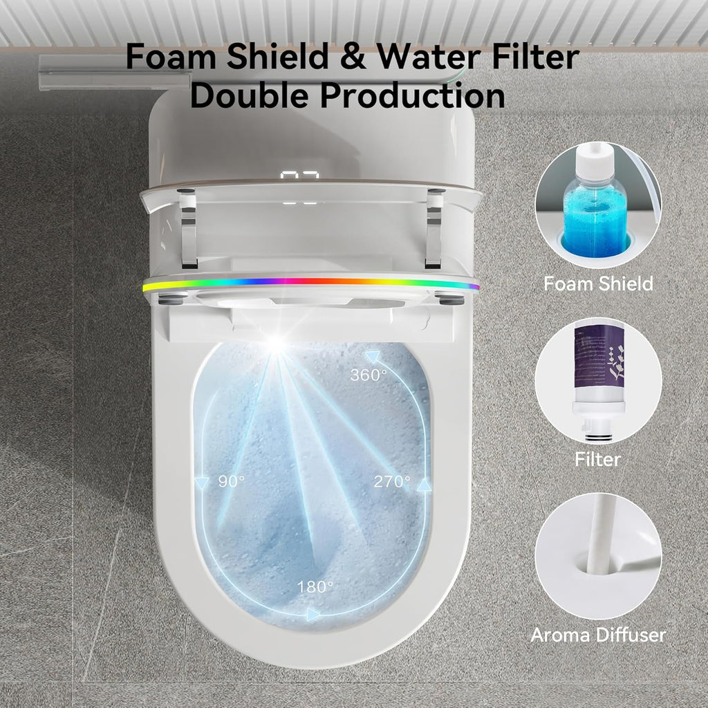 Smart Toilet with Bidet Built-in,One Piece Toilet with Foam Shield,Auto Open/Close Lid,Heated Seat,Warm Water Sprayer & Dryer,Adjustable Night Light,Auto Flush