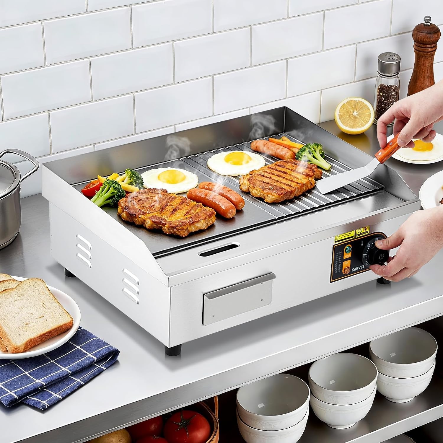 Garvee Commercial Half-Flat Top Griddle, 22in Stainless Steel Griddle Grill with 2 Shovels and 2 Brushes for Home or Restaurant, 1700W Commercial Griddle