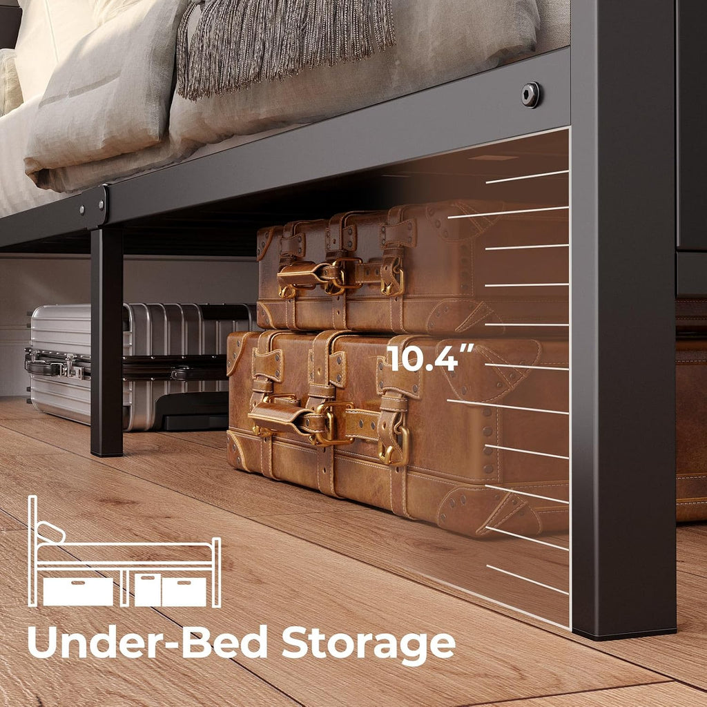 Rolanstar Queen Bed Frame with Headboard, LED Bed with Bookcase Storage and Charging Station, Metal Platform Bed with Glass Shelves, No Box Spring Needed, Noise-Free, Black