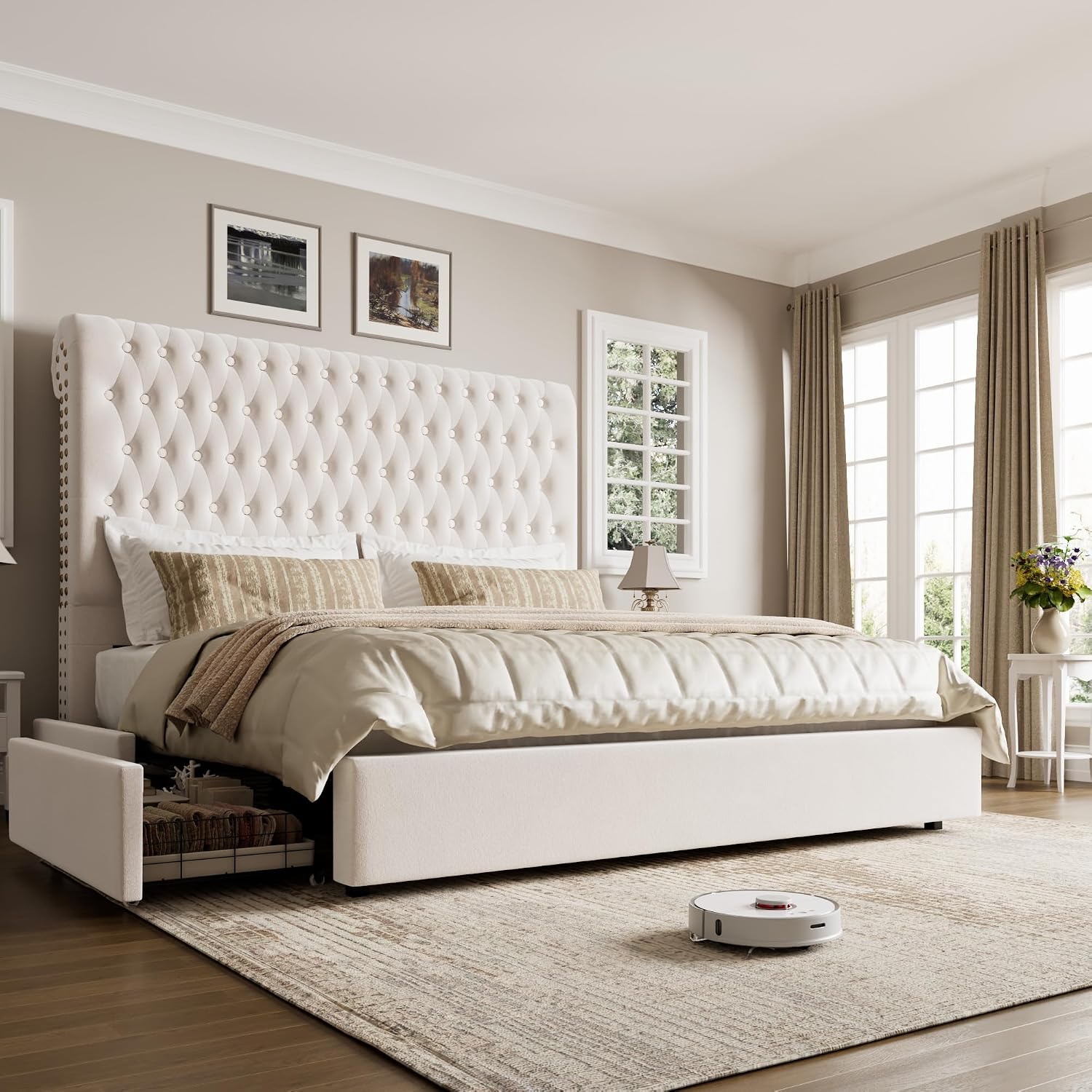 Queen Size Bed Frame 54' Tall Headboard with Gorgeous Button Tufted and Nail, Velvet Fabric Upholstered Bed Frame includes 4 Under-bed Storage Drawers, Wooden Slats, Noise-Free, Easy Assembly, Beige
