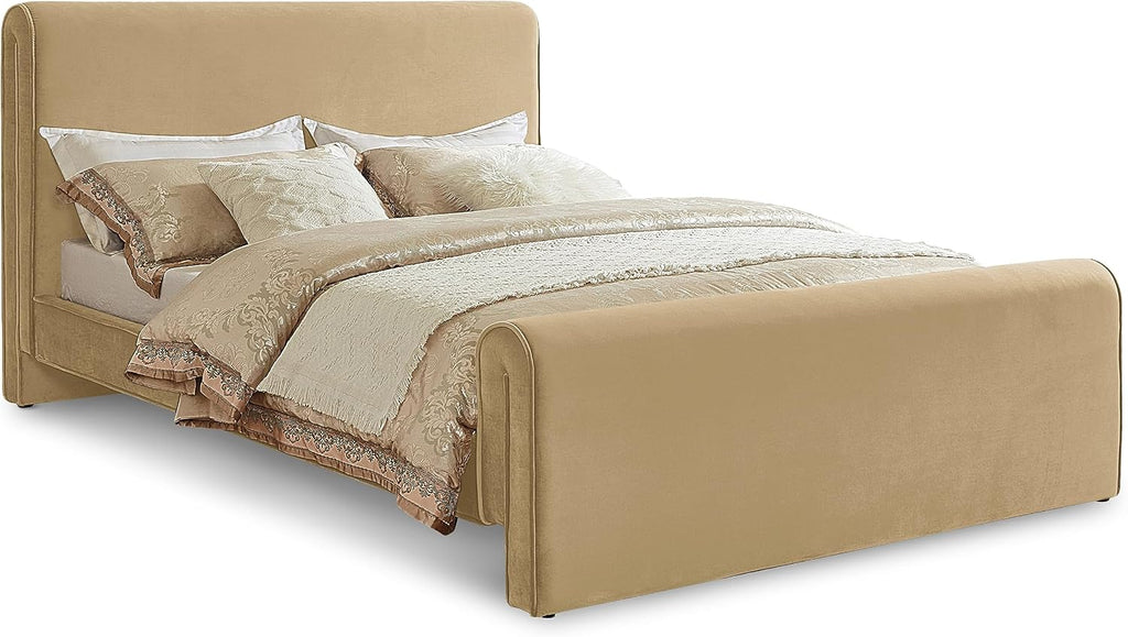 Meridian Furniture SloanCamel-K Sloan Collection Modern | Contemporary Velvet Upholstered King Bed with Rich Soft Camel Velvet, Curved Headboard and Footboard, 81' W x 92' D x 45' H, Camel, King