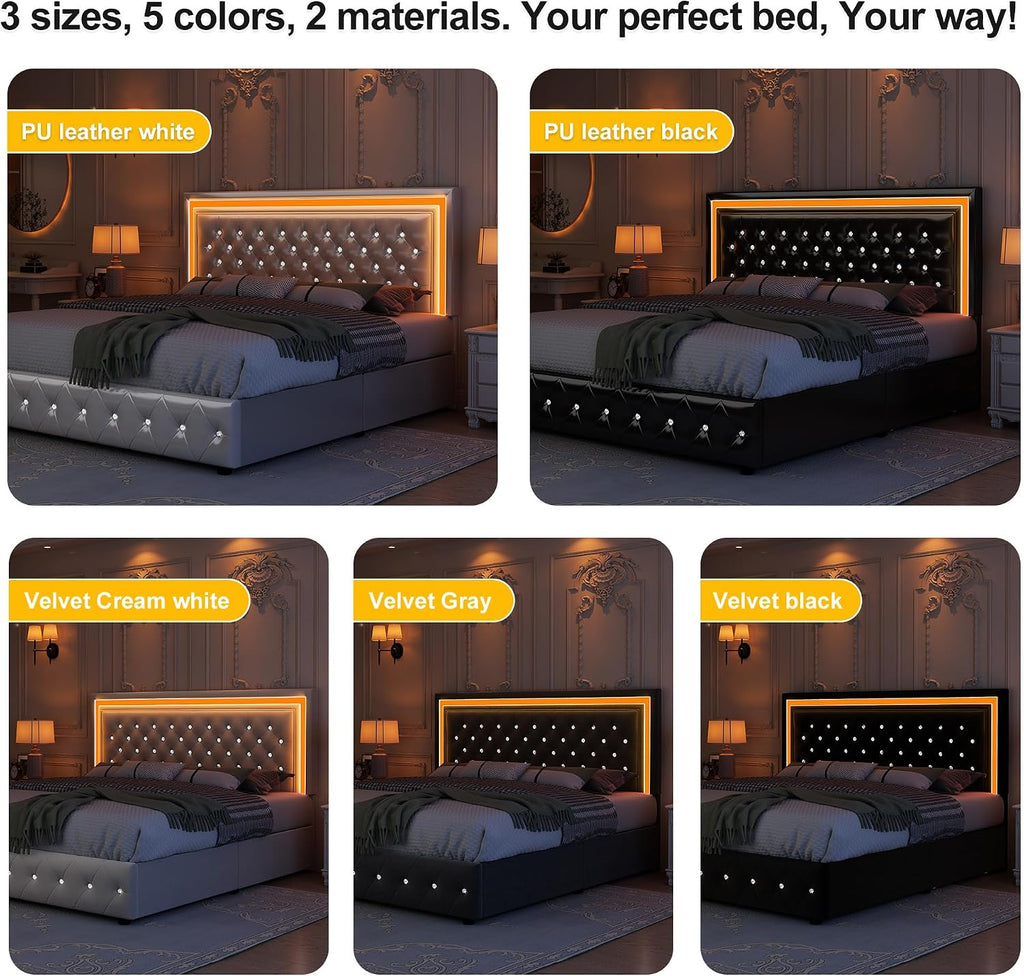 GEGOFORU King Led Bed Frame with 4 Storage Drawers, Bed Frame with Led Lights, No Box Spring Needed, 900 lbs Capacity, Easy Assembly, PU White