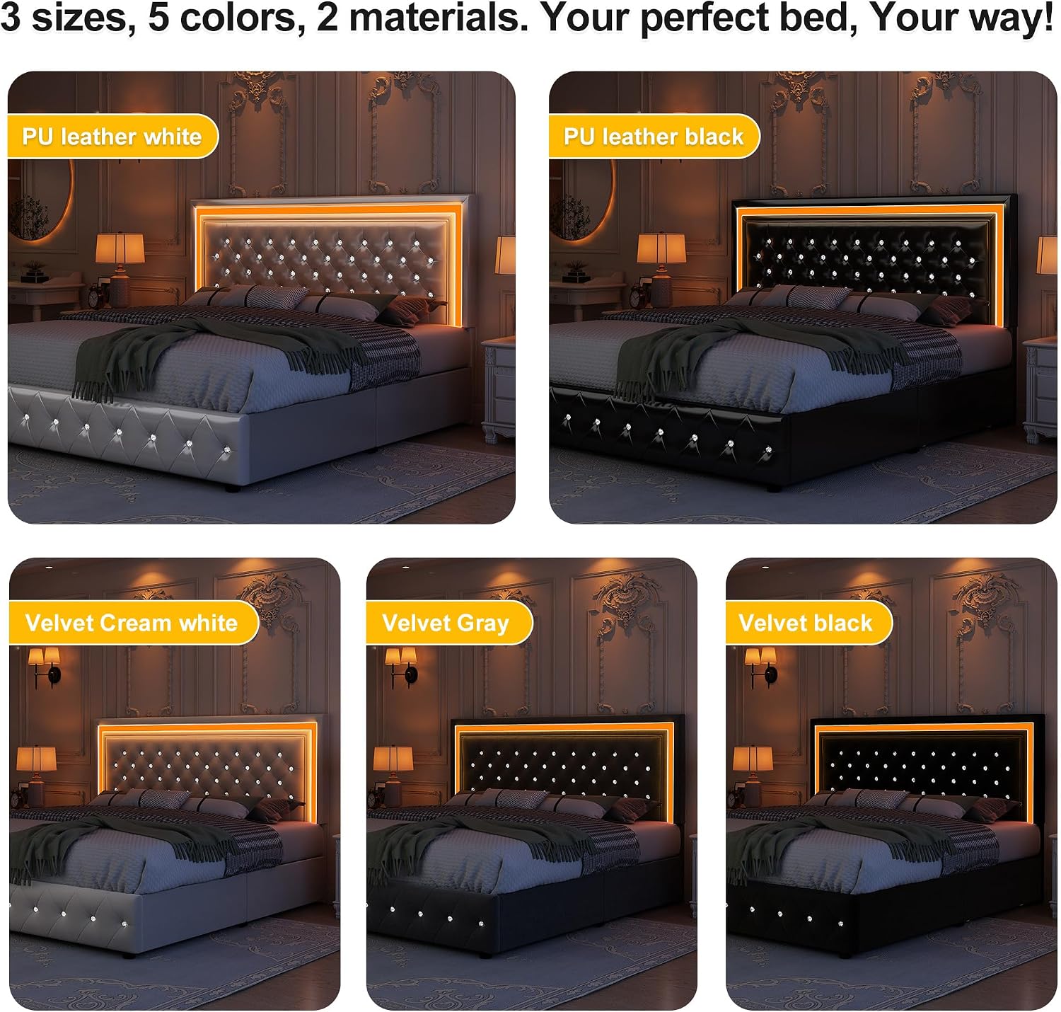 GEGOFORU King Led Bed Frame with 4 Storage Drawers, Bed Frame with Led Lights, No Box Spring Needed, 900 lbs Capacity, Easy Assembly, PU White
