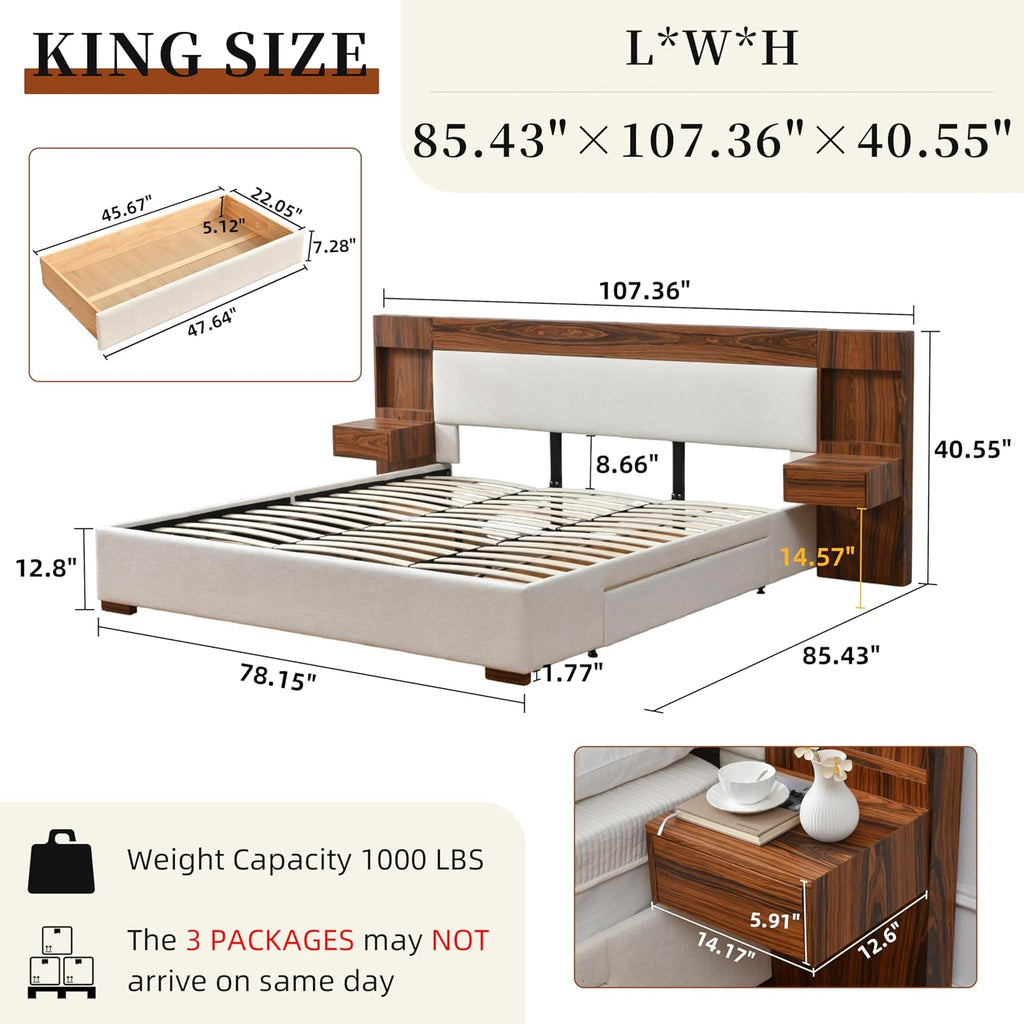 King Size Wood Bed Frame with Built-in Nightstands, Linen Platform Bed Frame with 2 Drawers, Natural Wood Grain & Luxury Upholstered Storage Headboard, No Box Spring Needed, Easy Assembly, Cream