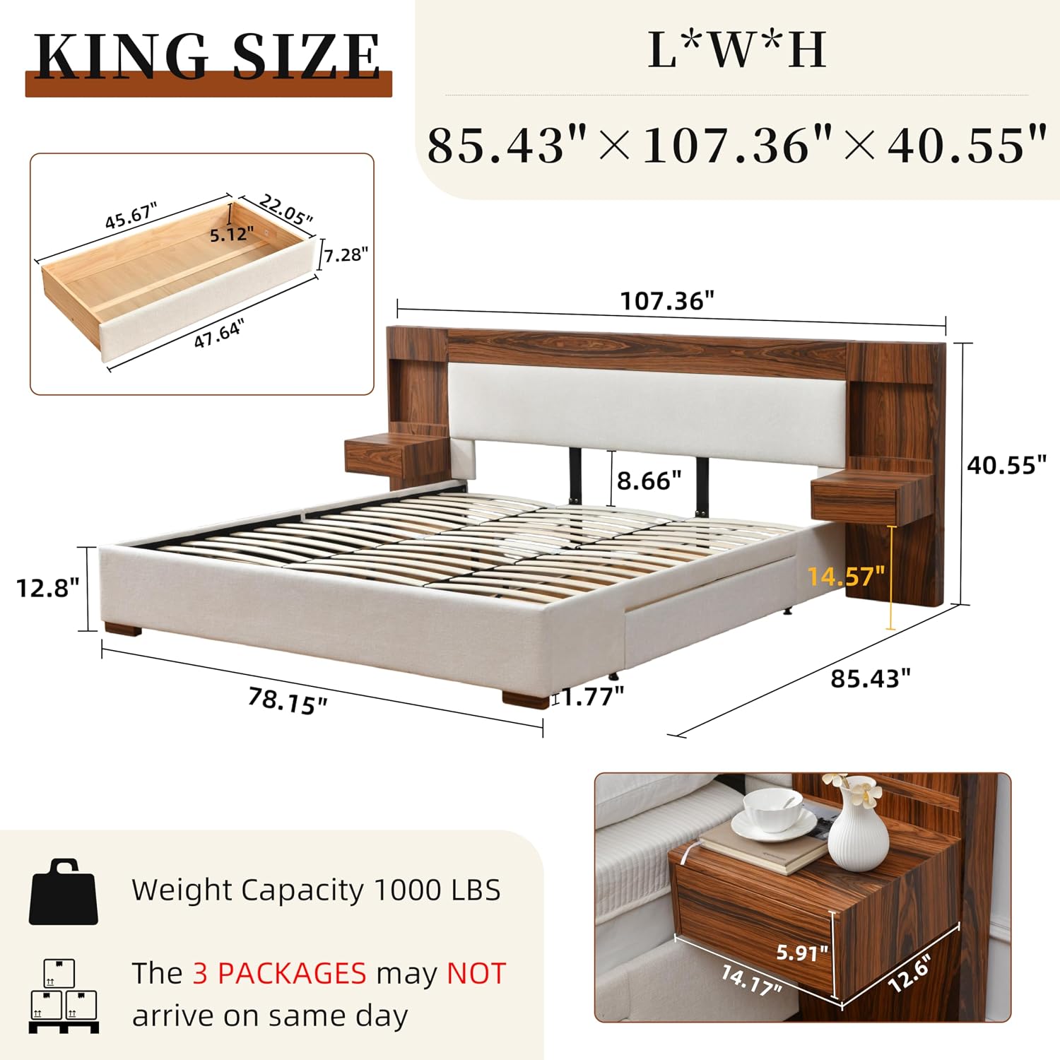 King Size Wood Bed Frame with Built-in Nightstands, Linen Platform Bed Frame with 2 Drawers, Natural Wood Grain & Luxury Upholstered Storage Headboard, No Box Spring Needed, Easy Assembly, Cream