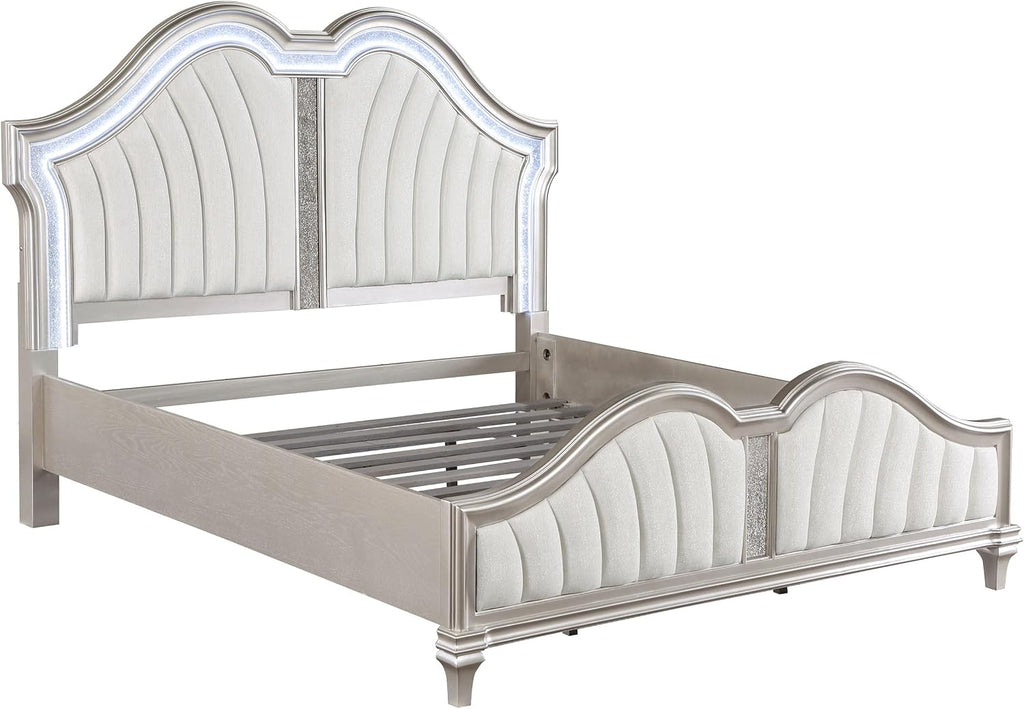 Coaster Home Furnishings Evangeline Modern Classic 4-Piece Bedroom Set Chenille Upholstered Eastern King Size LED Panel Bed Frame 67-inch Headboard Silver Oak 223391KE-S4