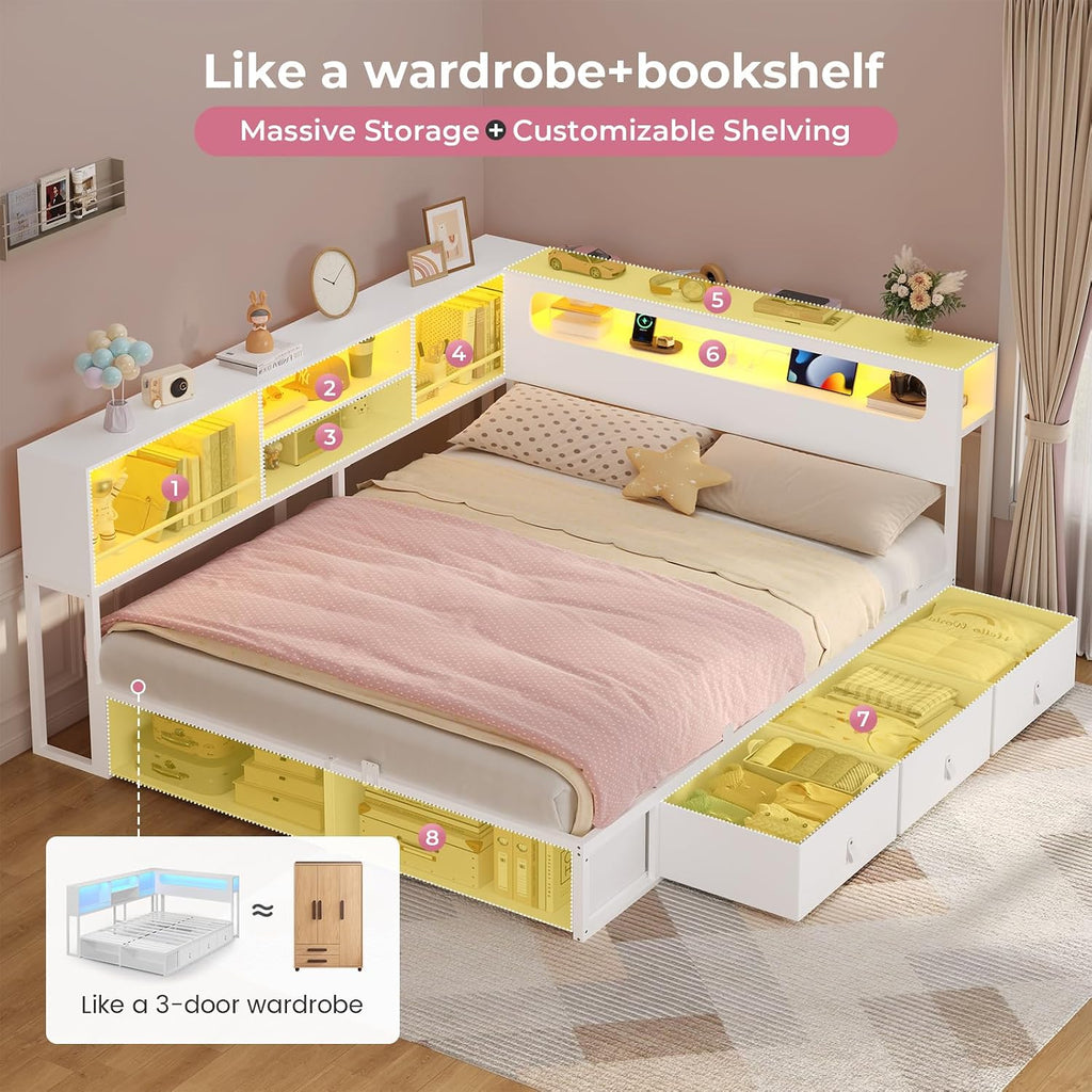 ADORNEVE Twin Corner Bed Frame with Bookcase Storage & LED Light Headboard, Charging Station, Metal Daybed with 3 Drawers & 2 Open Cubbies, for Small Bedrooms, White
