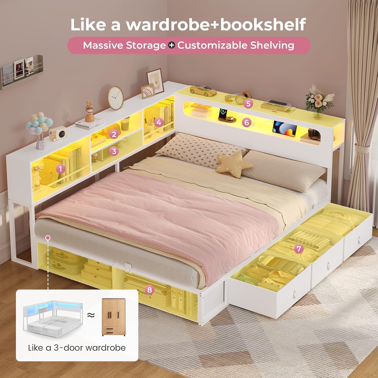 ADORNEVE Twin Corner Bed Frame with Bookcase Storage & LED Light Headboard, Charging Station, Metal Daybed with 3 Drawers & 2 Open Cubbies, for Small Bedrooms, White