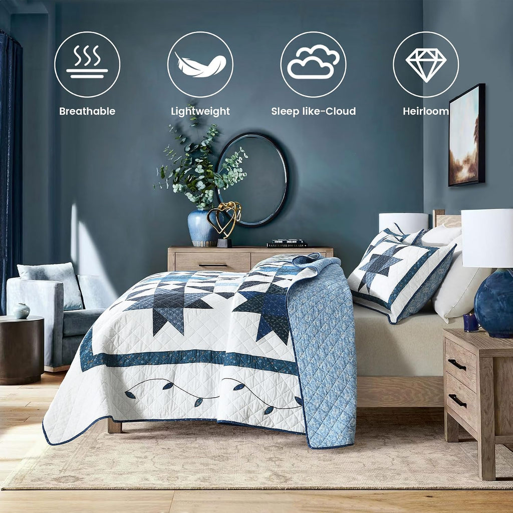 Secgo Handmade Quilted 100% Cotton King Comforter Set for Bed - 100% Cotton Quilts King Size, Black Bedspreads (96 * 108 Inch) with 2 Pillow Shams, Patchwork Reversible Lightweight Bedding