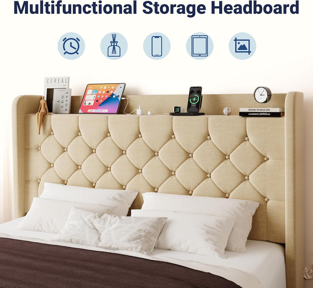 Allewie King Size Bed Frame, Storage Headboard with Charging Station,Wingback Linen Upholstered, Diamond Stitched Button Tufted, Sturdy Wooden Slats, No Box Spring Needed, Easy Assembly, Beige