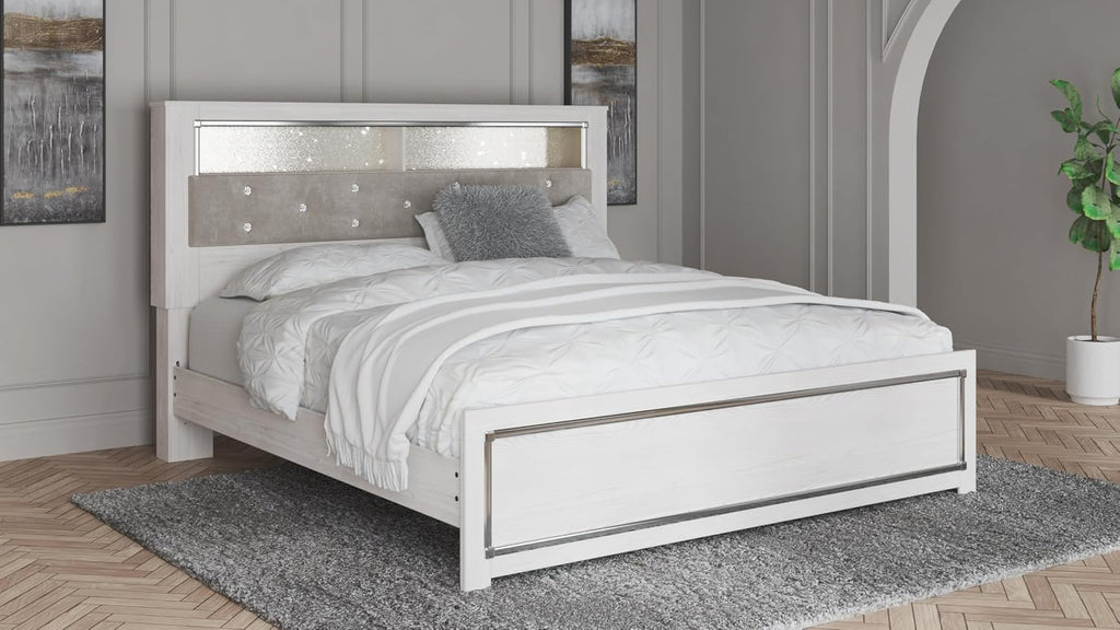 Signature Design by Ashley Altyra Modern King Tufted Panel Bookcase Bed, Foundation or Box Spring Not Needed, White