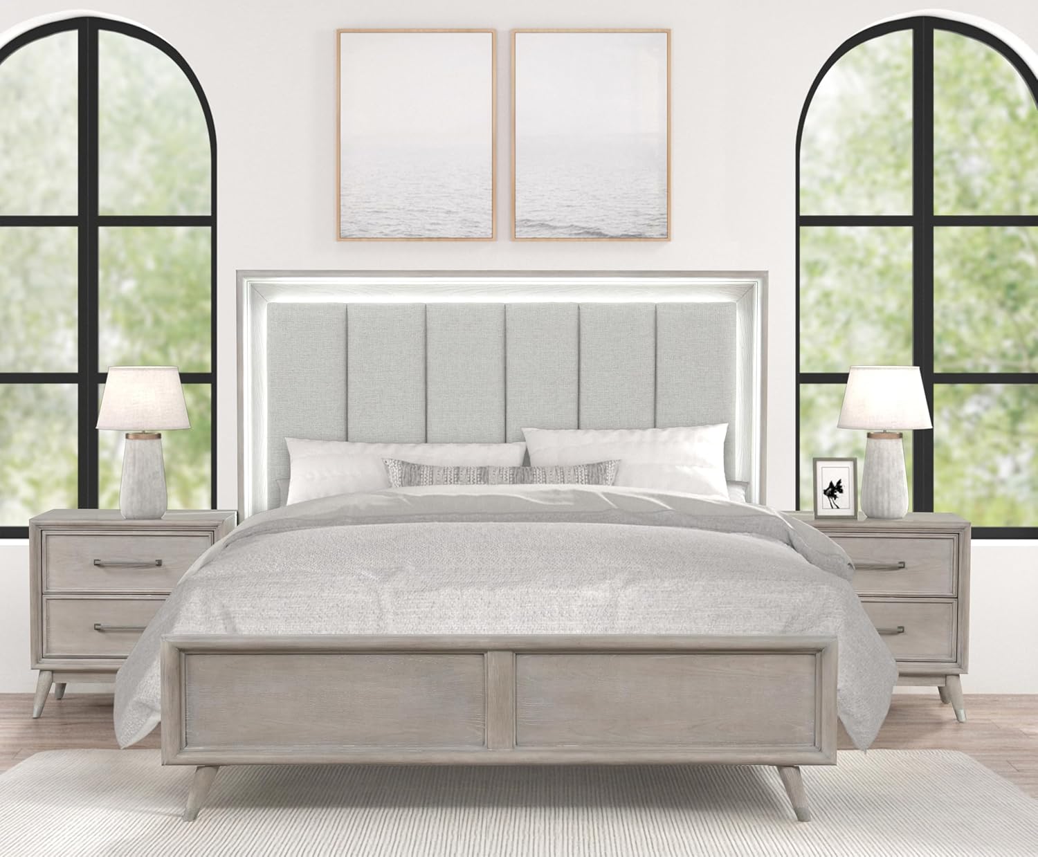 Roundhill Furniture Seluna 3-Piece Bedroom Set with Touch LED Lighting, Gray Oak Finish, King