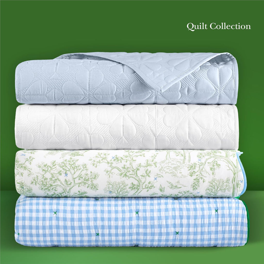 kate spade new york Spade Floral 2-Piece Twin Quilt Bedding Set, 100% Cotton Sateen Reversible Cover, All Season Warmth Bedding, Machine Washable, Halogen Blue