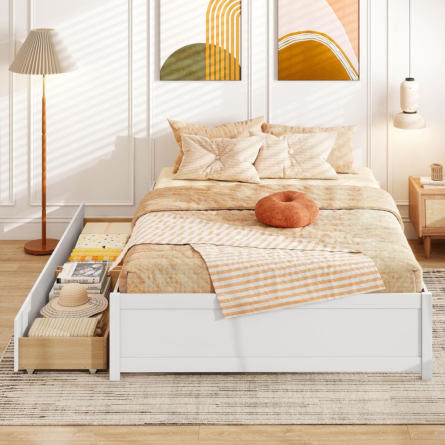 Giantex Full Size Bed Frame with 2 Storage Drawers, Solid Wood Platform Bed with Slats Support, Heavy Duty Daybed with Storage, No Box Spring Needed, Full Bed Frames for Teens Adults, White
