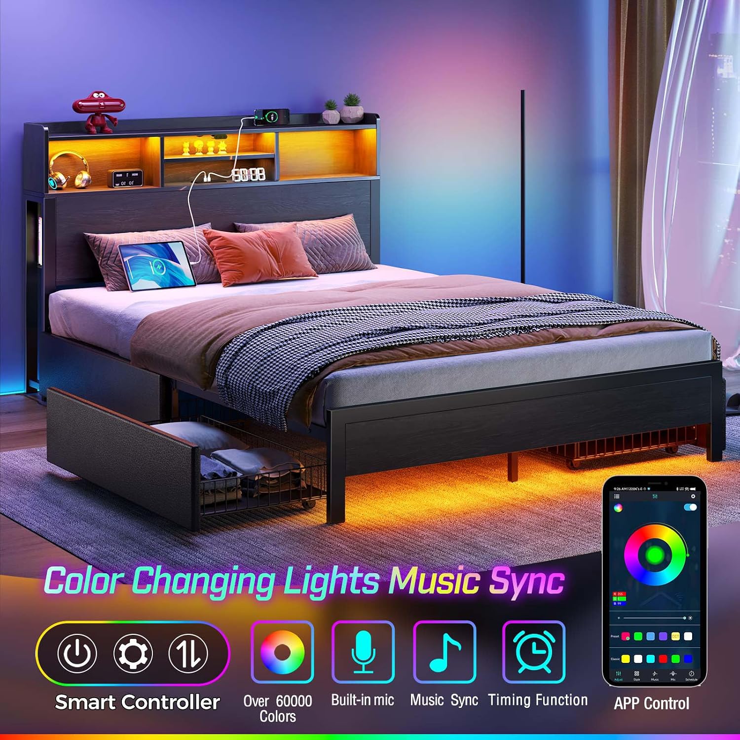 Rolanstar Full Bed Frame with Storage Headboard & 4 Drawers, Metal Platform Bed with Charging Station, LED Single Bed with Side Shelf, No Box Spring Needed, Easy Assembly, Black