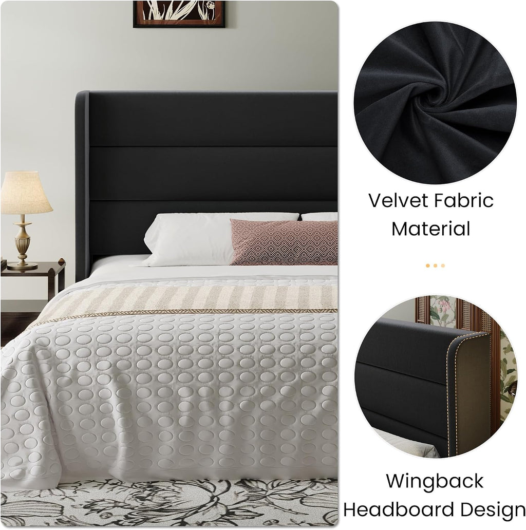 SHA CERLIN King Size Velvet Bed Frame with Wingback Headboard/Upholstered Platform Bed with Wooden Slats/Mattress Foundation/No Box Spring Needed/Easy Assembly/Black