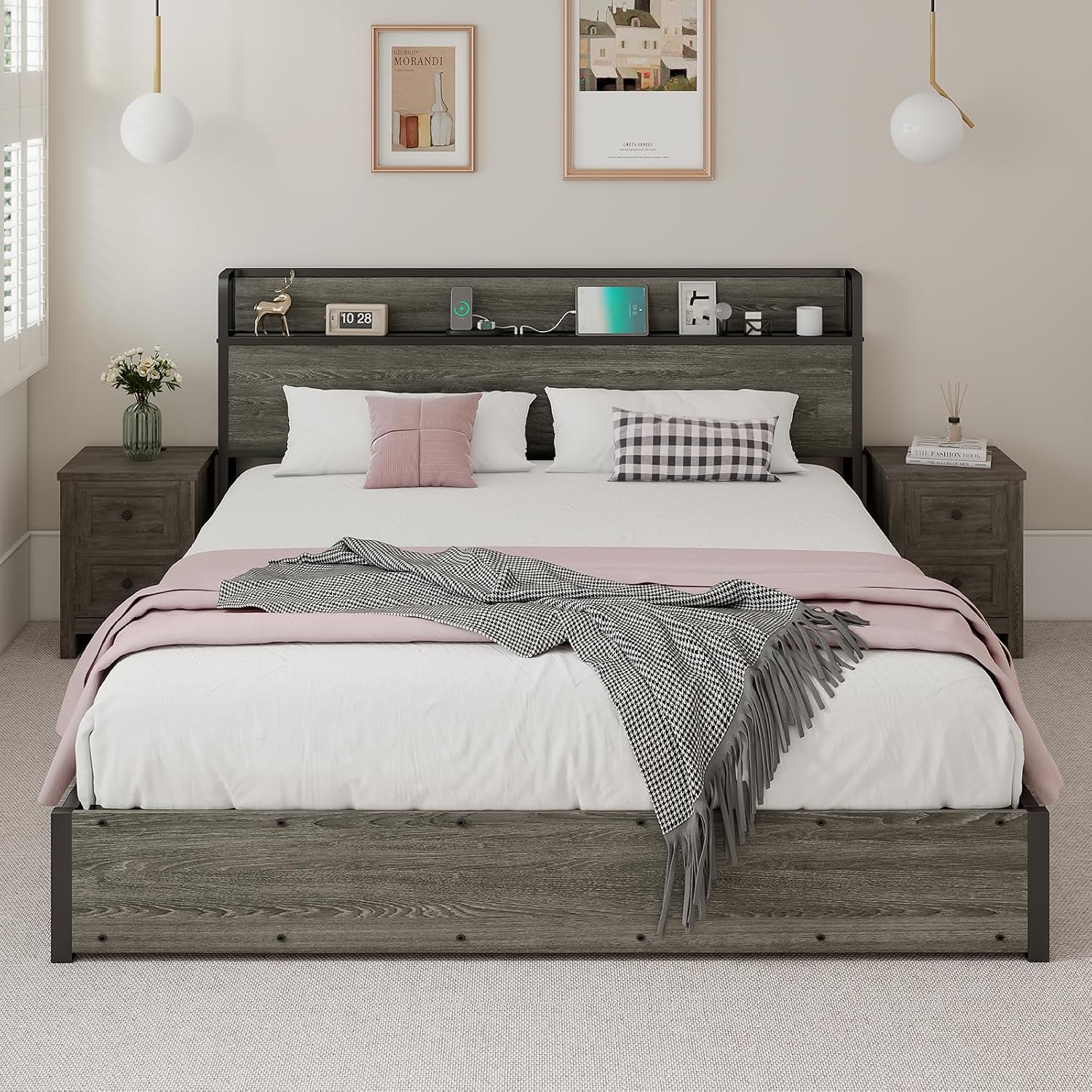 LUXOAK Full Size Lift Up Storage Bed, Wood Platform Bed Frame with Storage Headboard & Charging Station, No Box Spring Needed, Easy Assembly, Rustic Grey