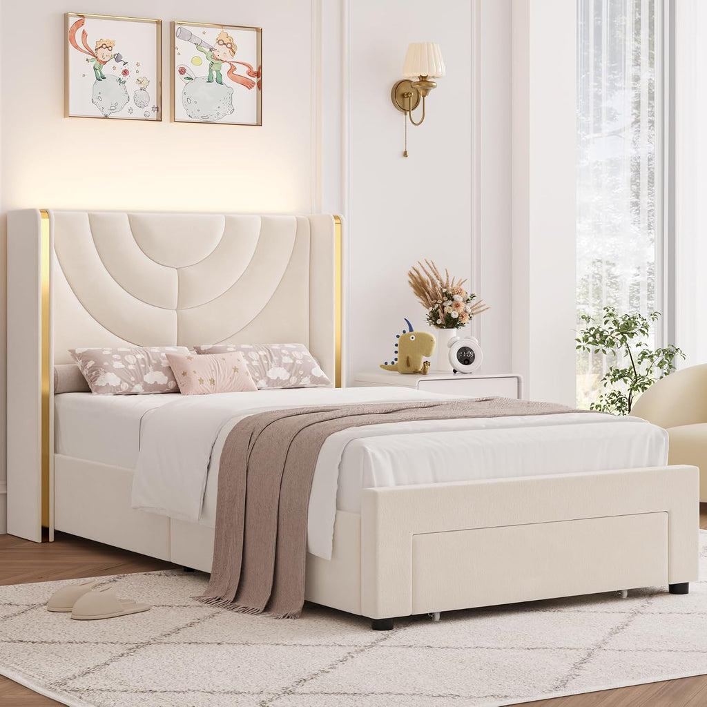 HITHOS 2 Set Twin Upholstered LED Bed Frame with Storage Drawer, Velvet Kids Bed with Headboard, Princess Twin Platform Bed for Girls/Kids, Solid Wood Slats Support, No Box Spring Needed (Beige)