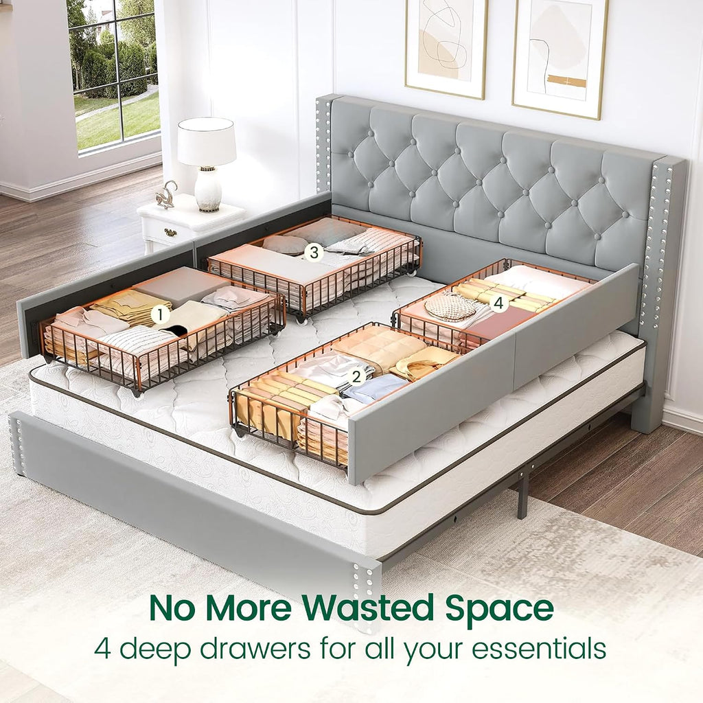 LARMACE Full Size Bed Frame Upholstered Platform Bed with 4 Storage Drawers and Tufted Headboard Bed Frame with Heavy Duty Wood Slats, No Box Spring Needed, Easy Assembly, Bluish Grey