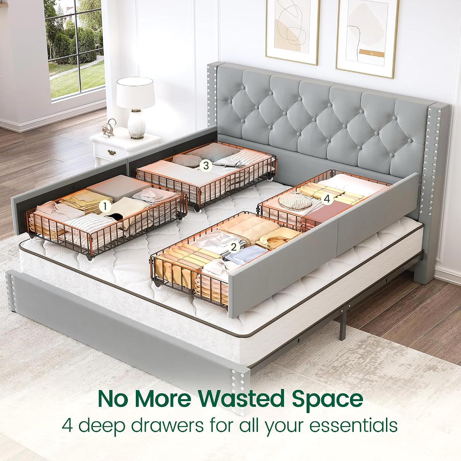 LARMACE Full Size Bed Frame Upholstered Platform Bed with 4 Storage Drawers and Tufted Headboard Bed Frame with Heavy Duty Wood Slats, No Box Spring Needed, Easy Assembly, Bluish Grey