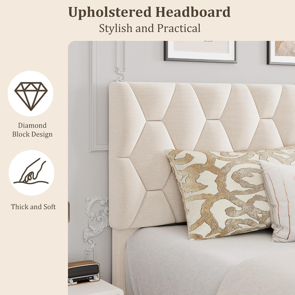 GarveeHome Queen Size Platform Bed Frame with Upholstered Headboard and Wooden Slats Support, Upholstered Mattress Foundation/No Box Spring Needed/Easy Assembly, Beige