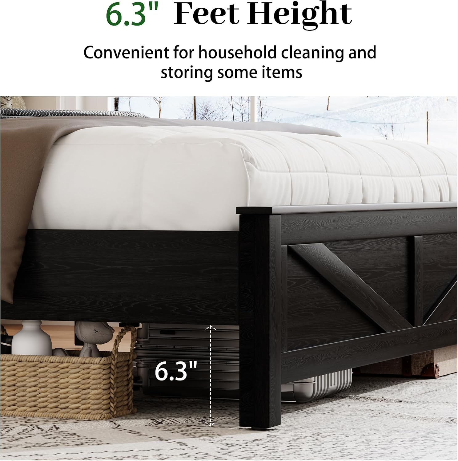King Size Bed Frame with Headboard, Rustic Farmhouse Wood Bed Frame with LED Lights and Charging Station, Easy Assembly, No Box Spring Needed (Black, King)