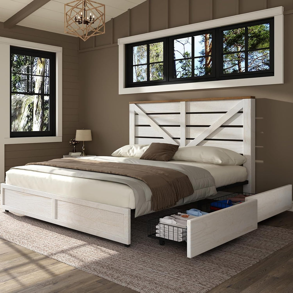 AMERLIFE Queen Size Farmhouse Bed Frame with 4 Drawers, Wooden Storage Bed Frame with Headboard and Heavy Duty Metal Slats, Noisy Free, Easy Assemble, White/Barnwood