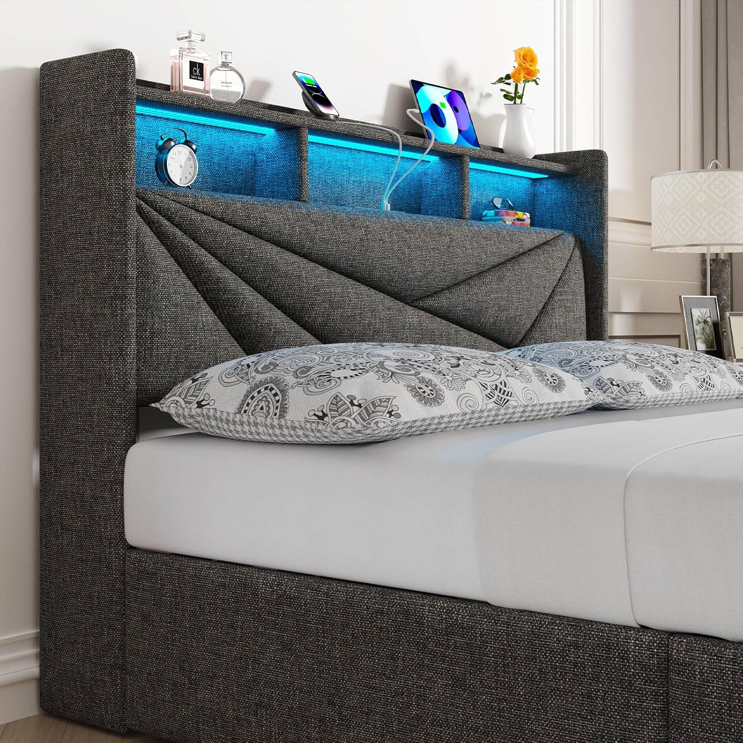 Driftalia LED Full Size Bed Frame with 4 Storage Drawers, Upholstered Full Bed Frame with 2-Tier Headboard and Charging Station, No Box Spring Needed, Easy to Assembly - Dark Grey