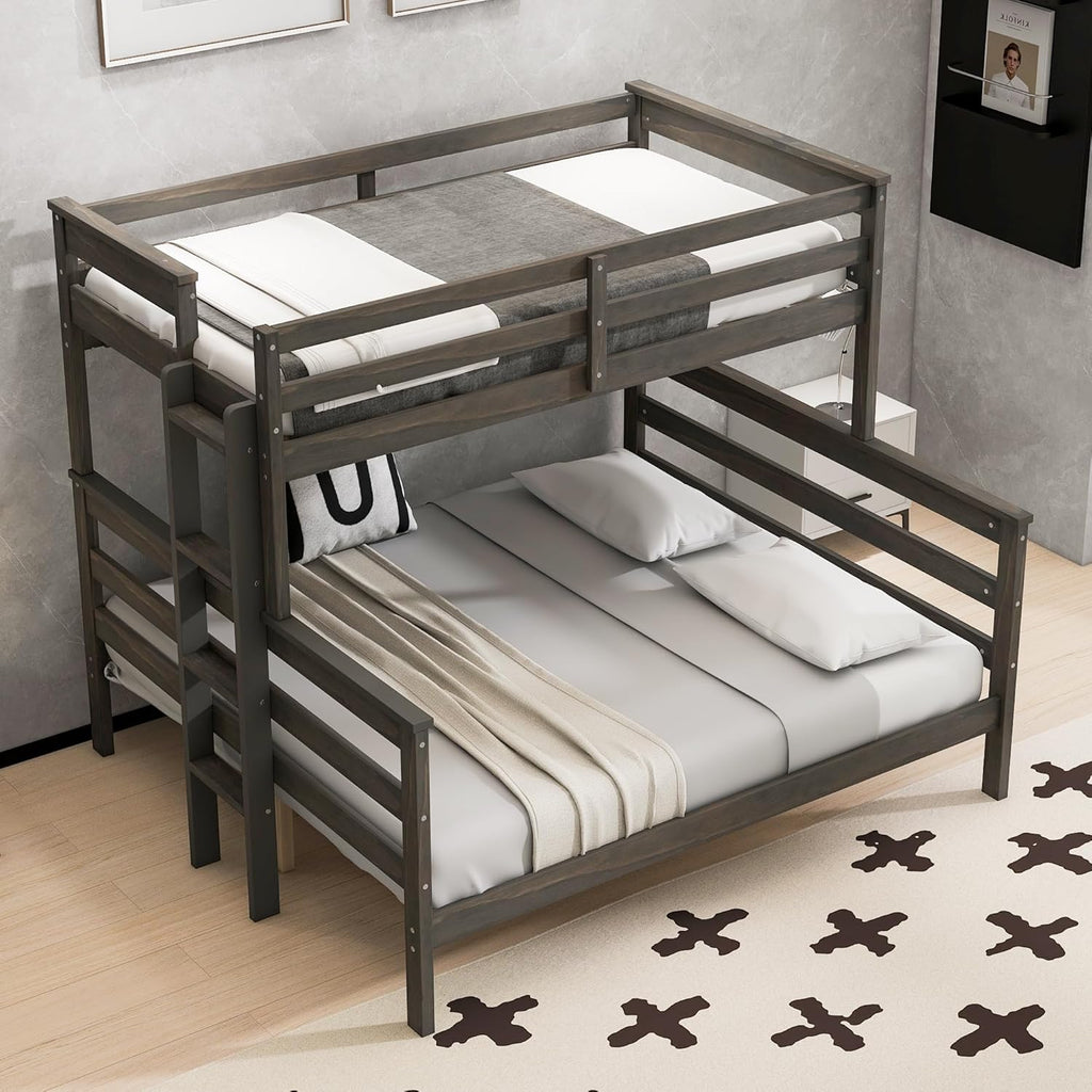 Harper & Bright Designs Detachable Design Twin XL Over Queen Bunk Bed with Ladder,Wood Twin-Over-Queen Bunk Bed Frame with Guardrail,Separated into 2 Beds,Gray