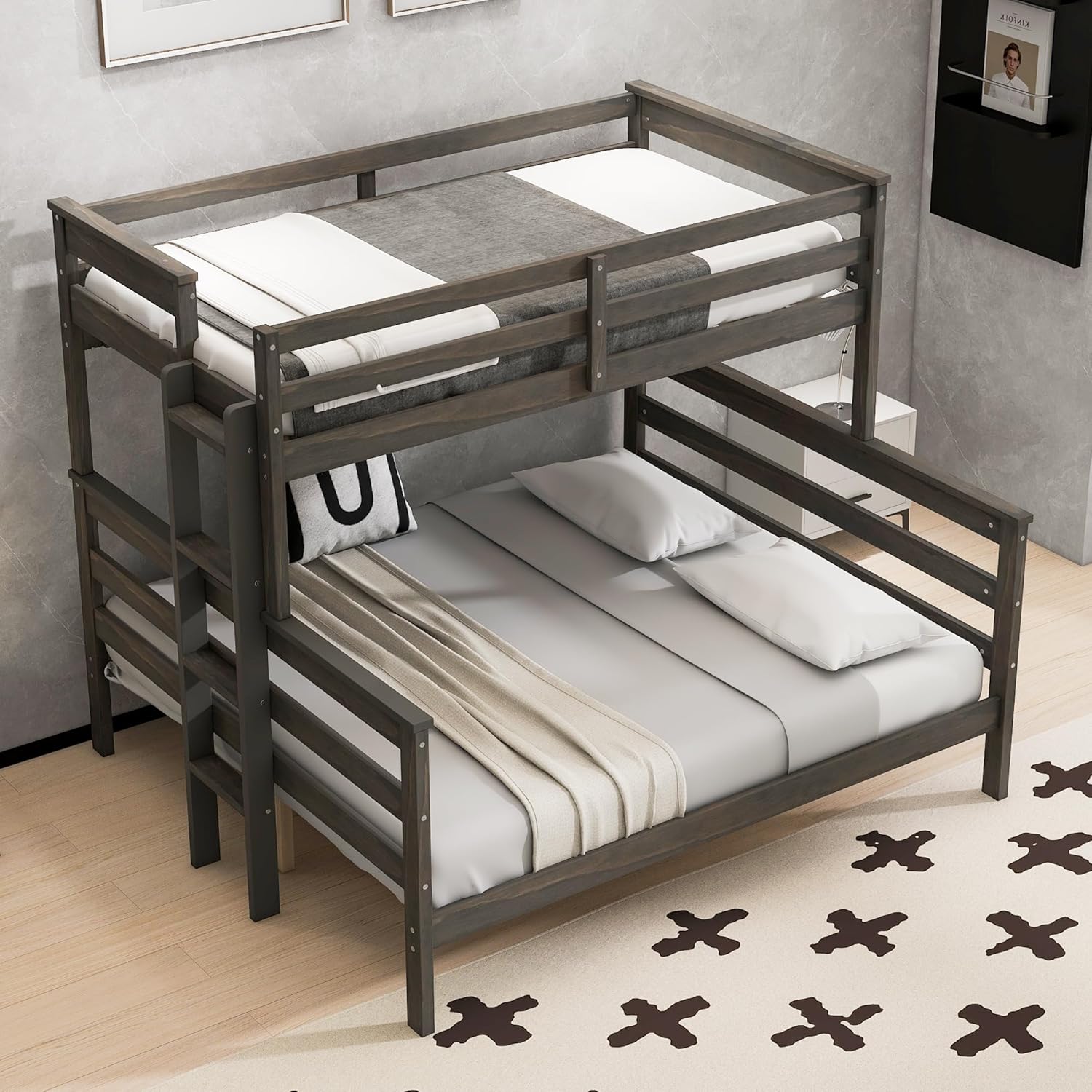 Harper & Bright Designs Detachable Design Twin XL Over Queen Bunk Bed with Ladder,Wood Twin-Over-Queen Bunk Bed Frame with Guardrail,Separated into 2 Beds,Gray