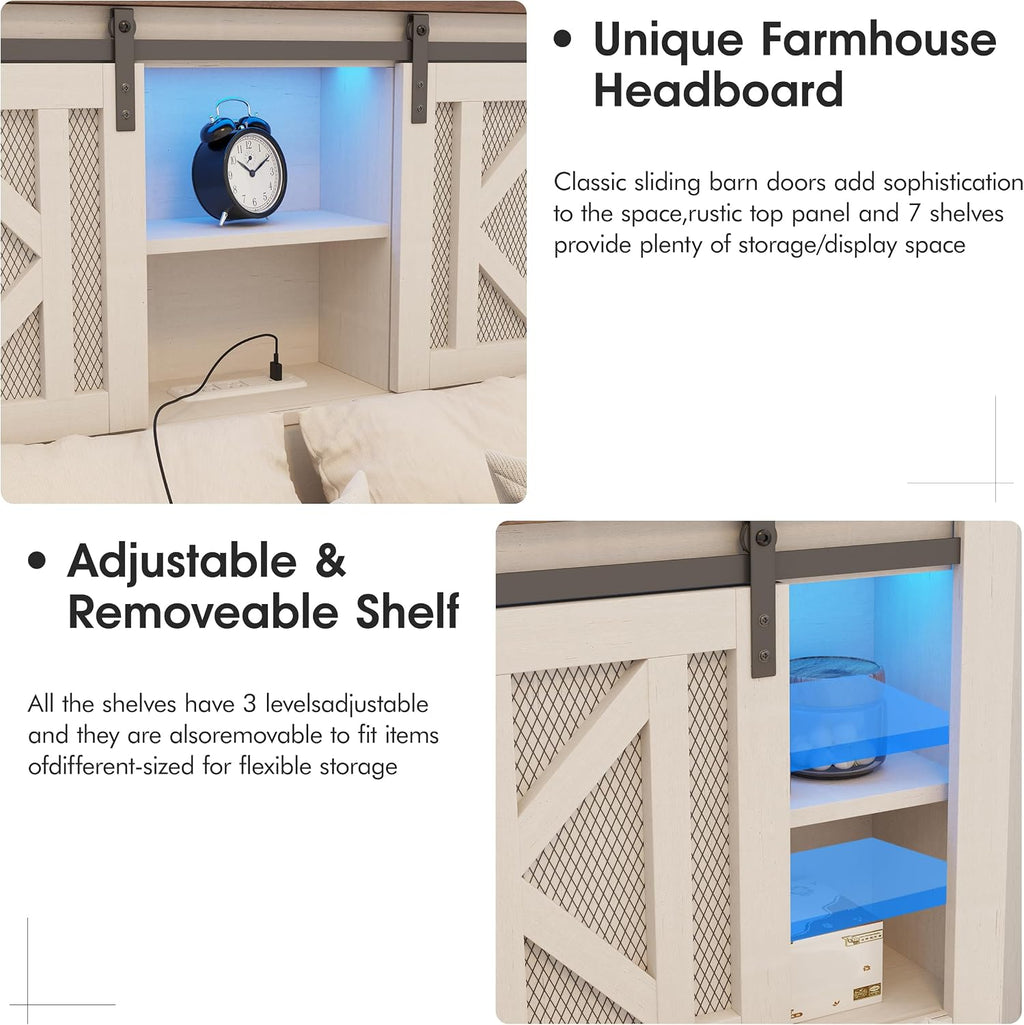 Vabches Farmhouse Twin Size Bed Frame with Storage Bookcase Headboard, LED Lights and Charging Station, Sliding Barn Door and Adjustable Shelves, No Box Spring Needed, White