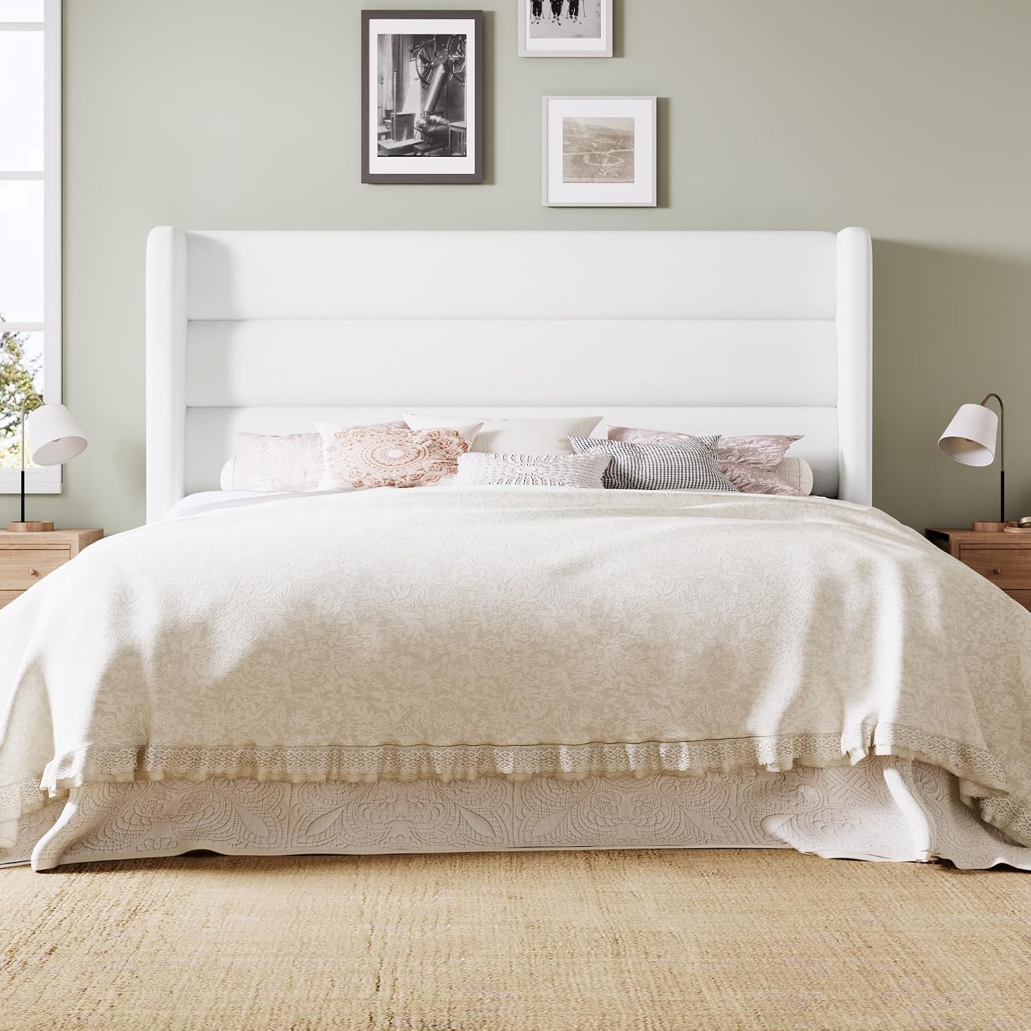 Allewie Full Size Platform Bed Frame with Velvet Upholstered Wingback Headboard, No Box Spring Needed, Under Bed Storage Space, Strong Wooden Slats, Modern Mattress Foundation, Easy Assembly, White
