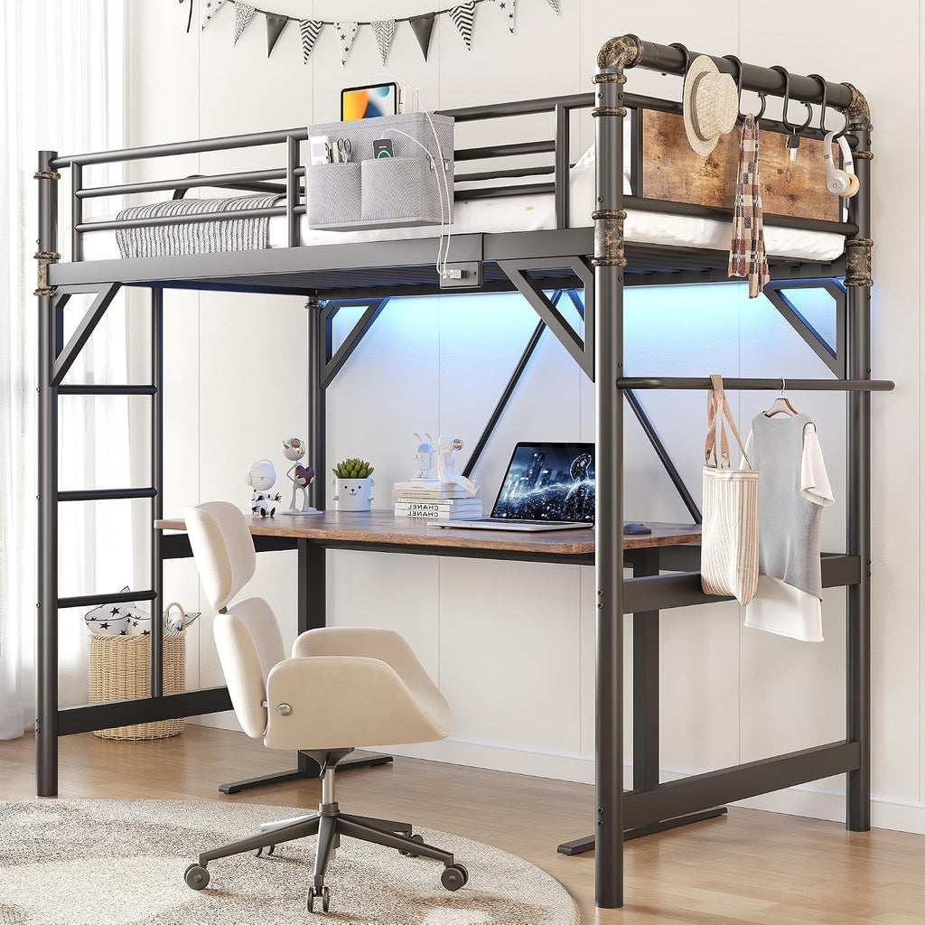 Twin Size Loft Bed with LED Lights and Charging Station, Industrial Heavy Duty Metal Loft Bed Frame with Ladder and Guardrail for Kids Adults, Small Space Saving Design for Bedroom Dorm, Vintage Brown