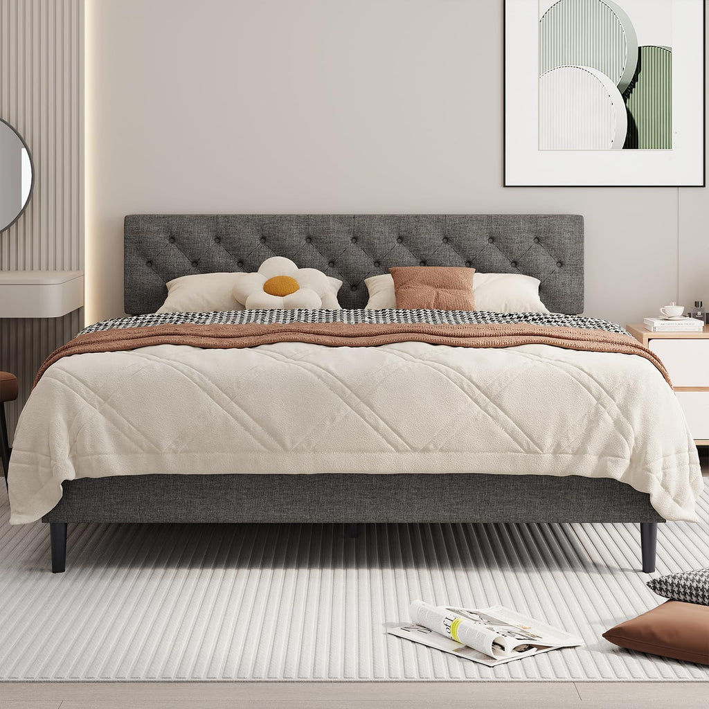 BarnFurin King Size Platform Bed Frame, Fabric Upholstered Bed with Button Tufted Headboard, Adjustable Headboard Design, Easy Assembly, No Box Spring Required, Light Grey