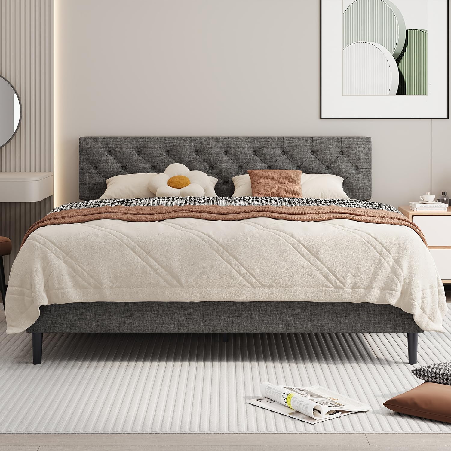 BarnFurin King Size Platform Bed Frame, Fabric Upholstered Bed with Button Tufted Headboard, Adjustable Headboard Design, Easy Assembly, No Box Spring Required, Light Grey