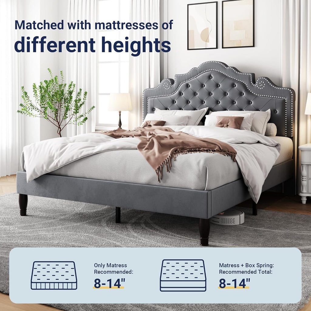 Allewie Queen Size Bed Frame with Adjustable Velvet Tiara Headboard, Upholstered Diamond Button Tufted Platform Bed, Wood Slats Support, No Box Spring Needed, Light Grey
