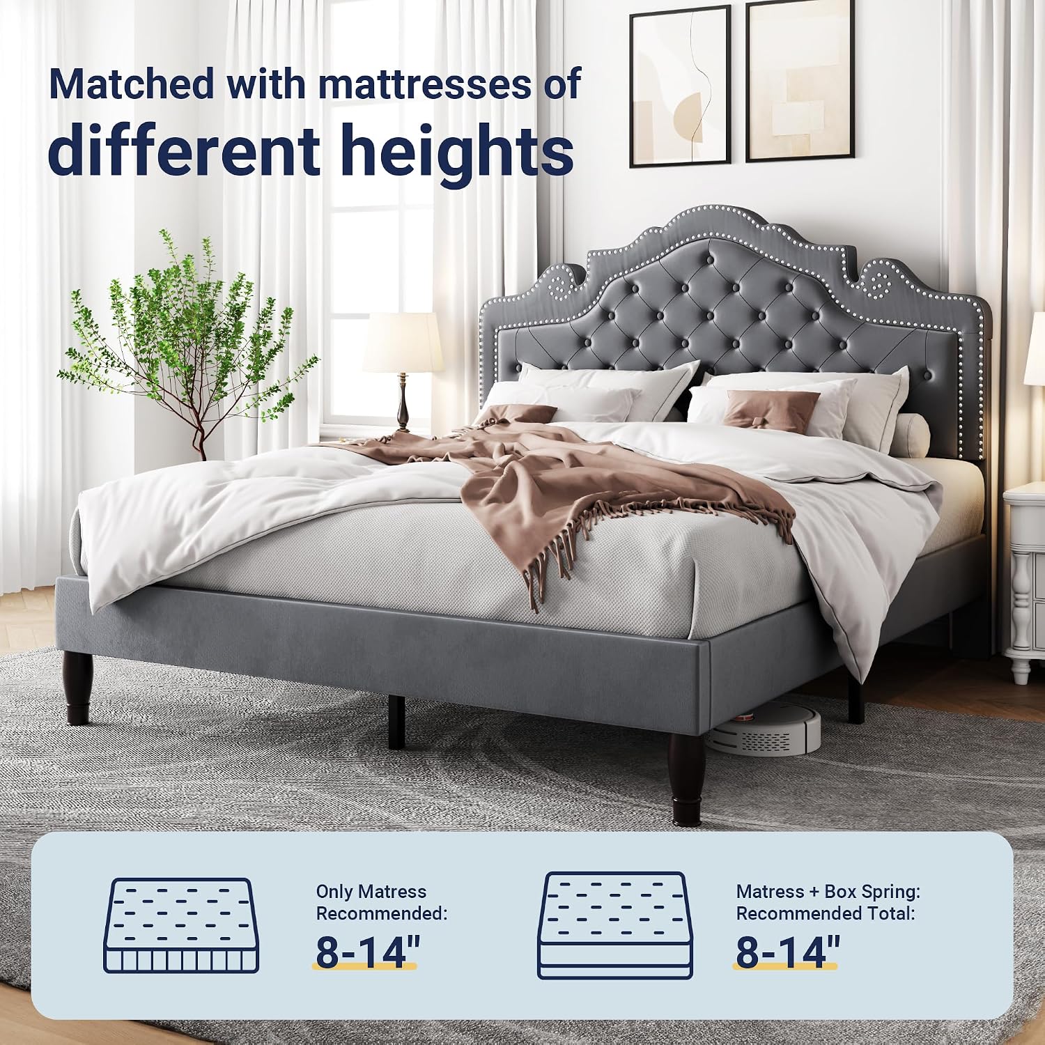 Allewie Full Size Bed Frame with Adjustable Velvet Tiara Headboard, Upholstered Diamond Button Tufted Platform Bed, Wood Slats Support, No Box Spring Needed, Light Grey
