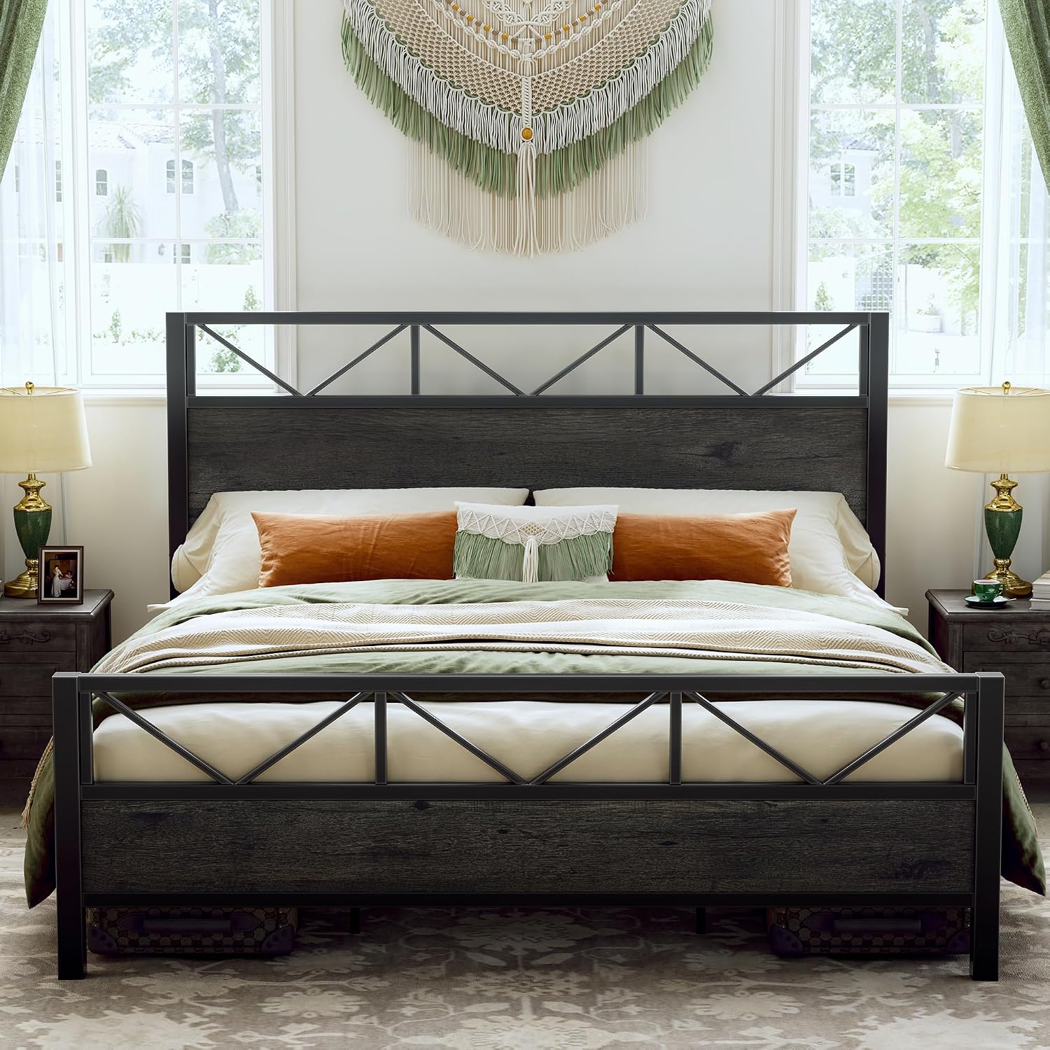 LIKIMIO King Bed Frame, Tall Industrial Headboard 51.2 ', Platform Bed Frame with Strong Metal Support, Solid and Stable, Noise Free, No Box Spring Needed, Easy Assembly, Charcoal Grey