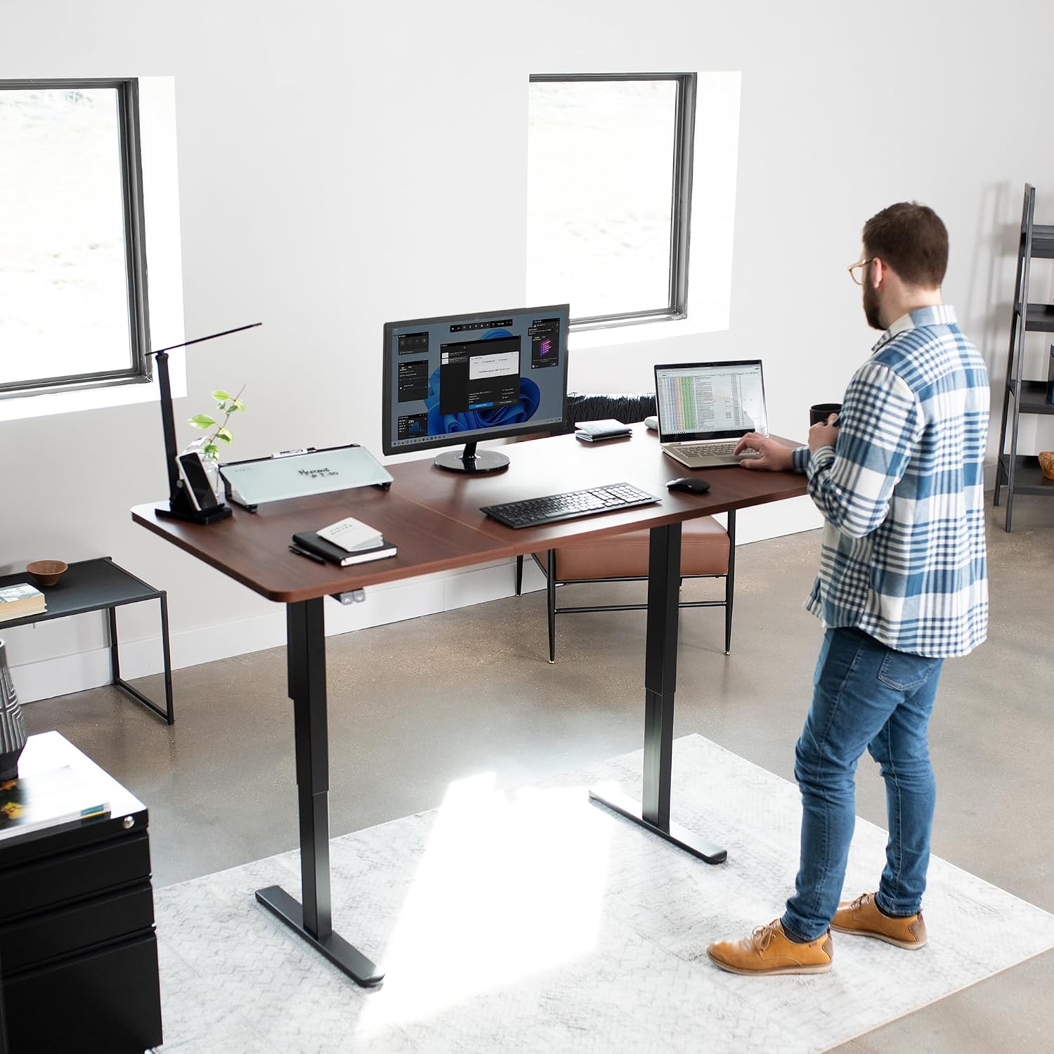 VIVO Electric 71 x 30 inch Stand Up Desk, Height Adjustable, Dark Walnut Top Black Frame, Home and Office Furniture Sets, DESK-KIT-0B7D